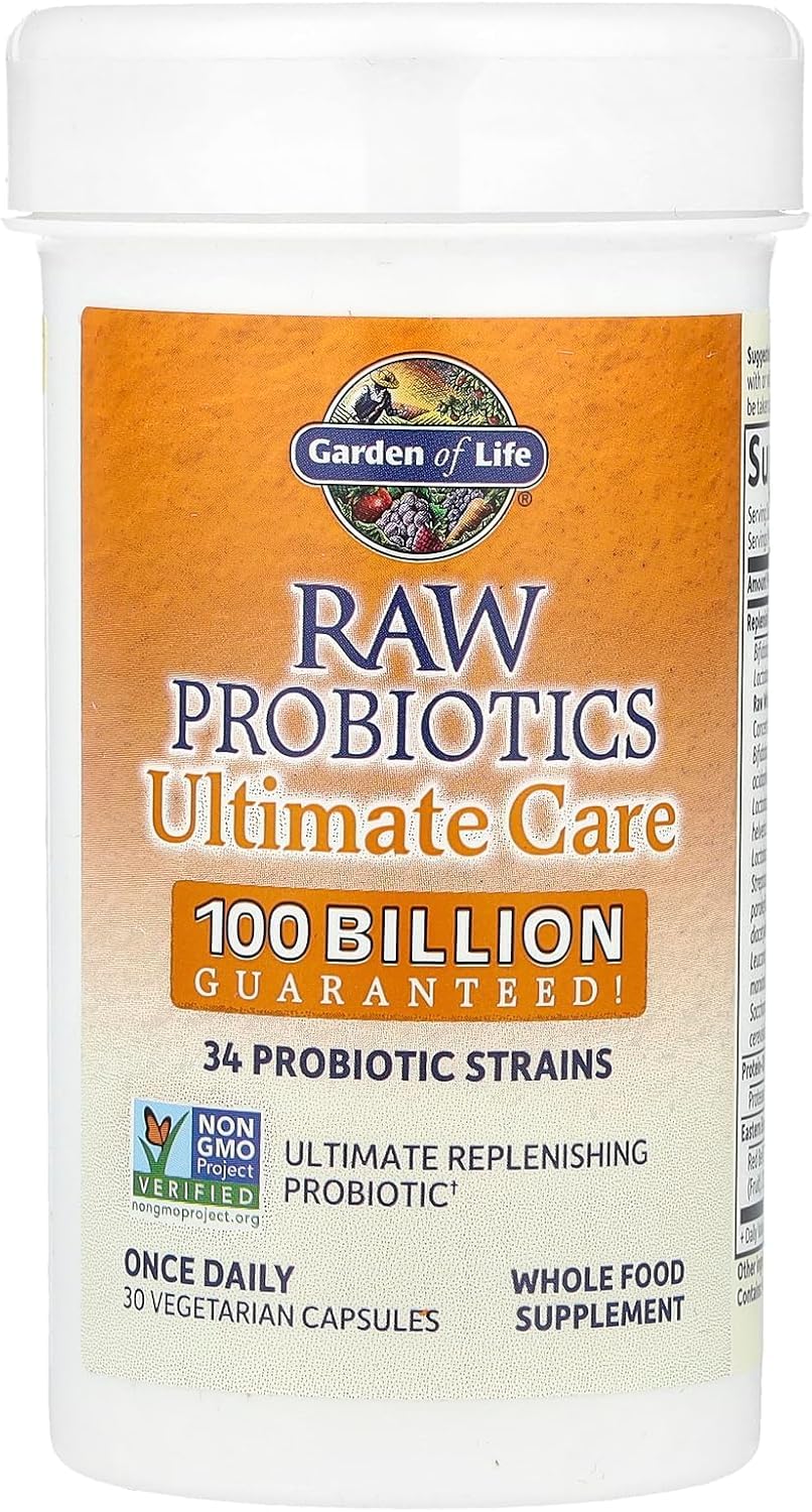 Garden of Life Raw Probiotics for Women and Men with Digestive Enzymes, 100 Billion CFU, Clinically Studied Strains, Shelf Stable, 30 Capsules - Maple Wellness Supplements