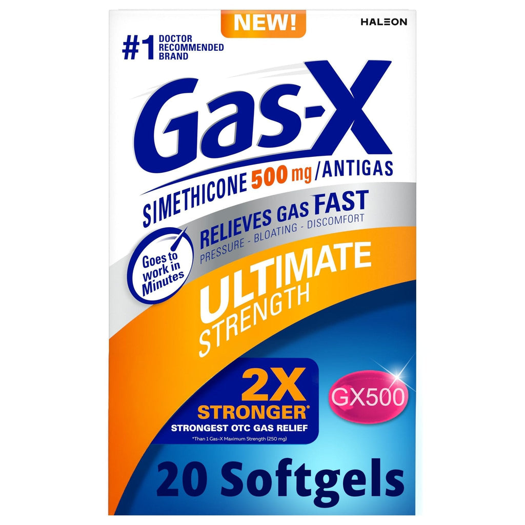 Gas-X Ultimate Strength Gas Relief Softgels with Simethicone 500 mg, Fast Bloating Relief, Anti-Gas, OTC Stomach & Intestinal Gas, Easy to Swallow, 20 Count - Maple Wellness Supplements