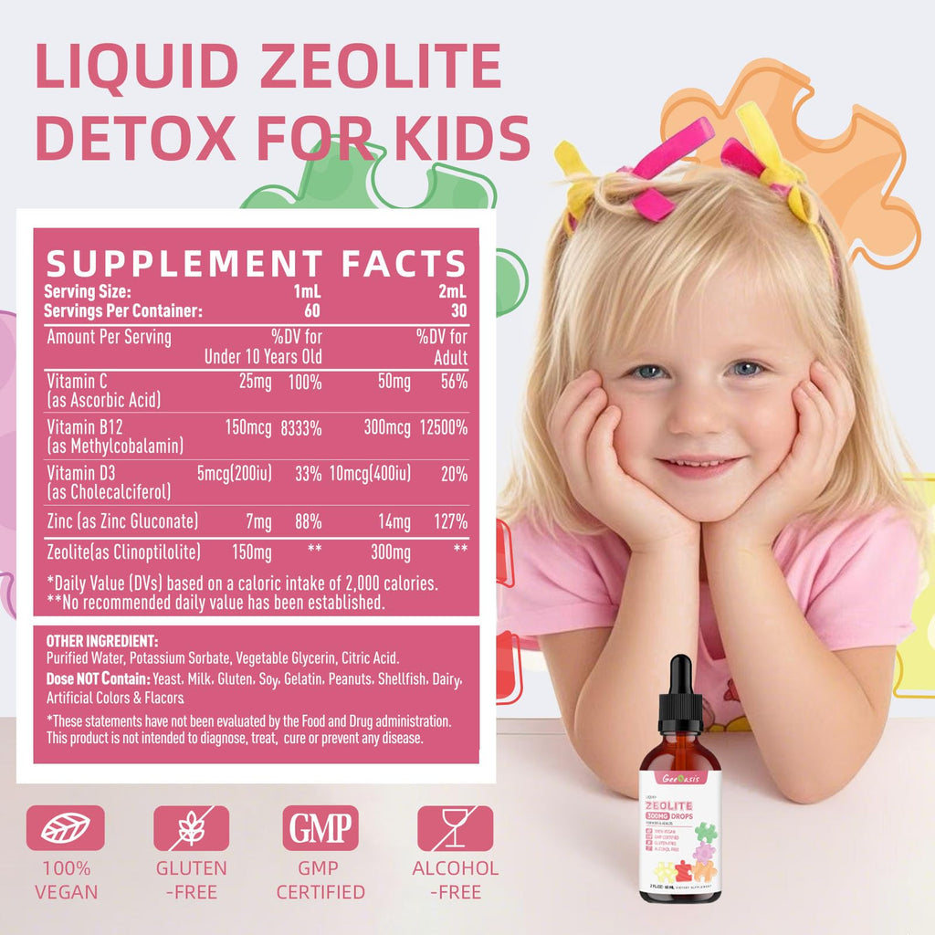 Geeoasis Zeolite Detox for Kids & Adults, 300 mg Zeolite Clinoptilolite Liquid with Vitamin B12 & D3, Vitamin C & Zinc Gluconate, Immune Support & Gut Health, Natural Strawberry Flavor, 2 Fl Oz - TrustMedUSA