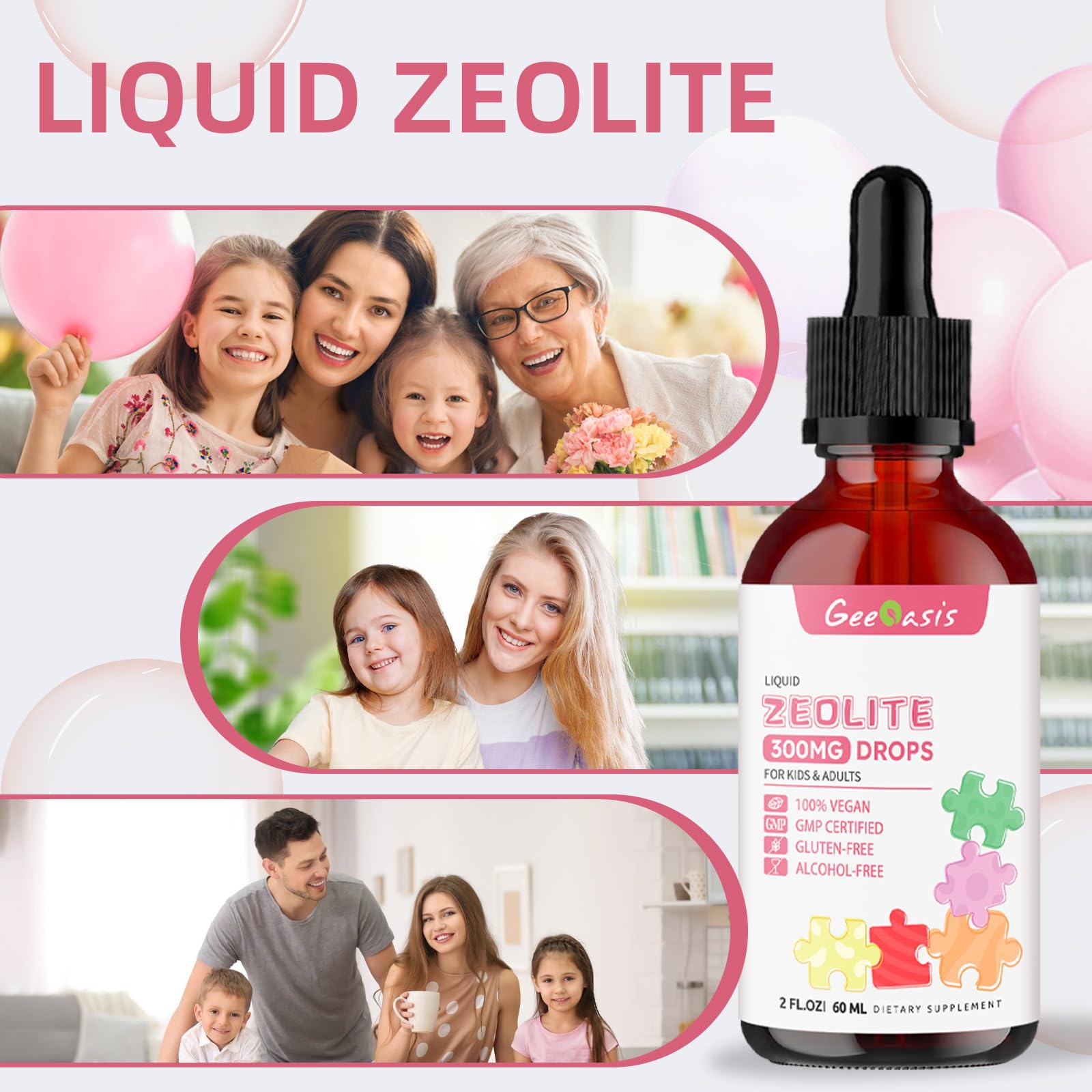 Geeoasis Zeolite Detox for Kids & Adults, 300 mg Zeolite Clinoptilolite Liquid with Vitamin B12 & D3, Vitamin C & Zinc Gluconate, Immune Support & Gut Health, Natural Strawberry Flavor, 2 Fl Oz - TrustMedUSA