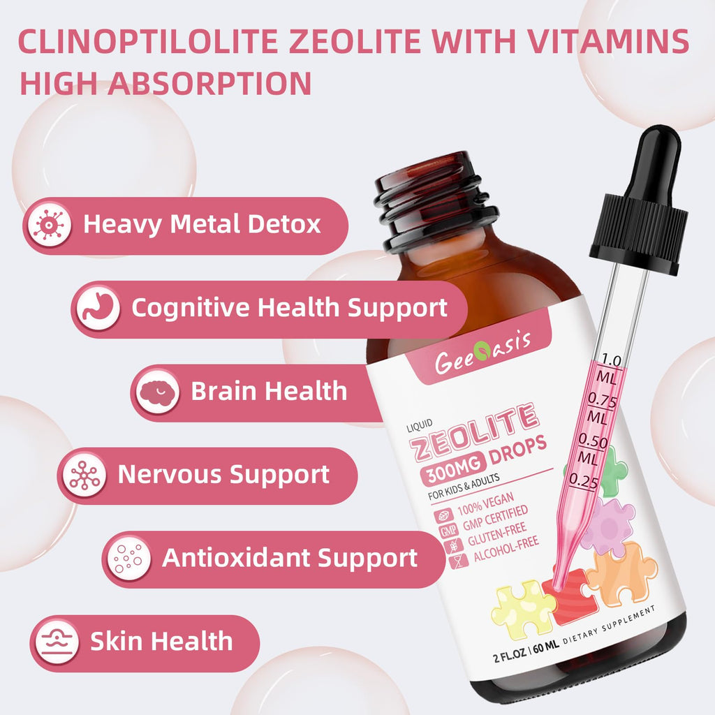 Geeoasis Zeolite Detox for Kids & Adults, 300 mg Zeolite Clinoptilolite Liquid with Vitamin B12 & D3, Vitamin C & Zinc Gluconate, Immune Support & Gut Health, Natural Strawberry Flavor, 2 Fl Oz - TrustMedUSA