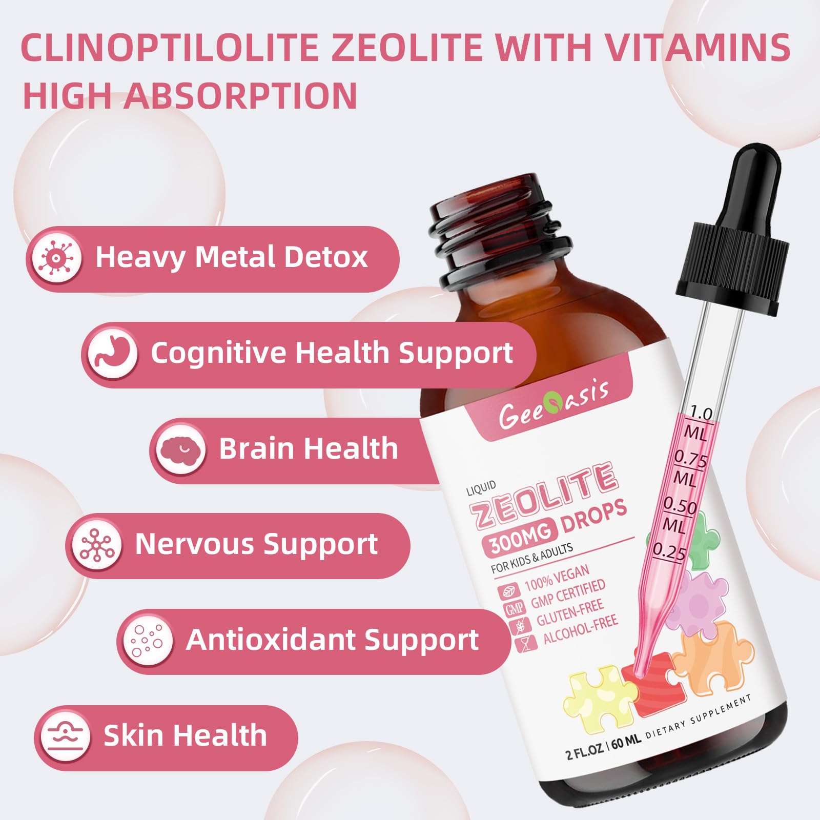 Geeoasis Zeolite Detox for Kids & Adults, 300 mg Zeolite Clinoptilolite Liquid with Vitamin B12 & D3, Vitamin C & Zinc Gluconate, Immune Support & Gut Health, Natural Strawberry Flavor, 2 Fl Oz - TrustMedUSA