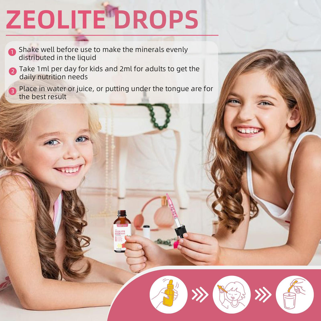 Geeoasis Zeolite Detox for Kids & Adults, 300 mg Zeolite Clinoptilolite Liquid with Vitamin B12 & D3, Vitamin C & Zinc Gluconate, Immune Support & Gut Health, Natural Strawberry Flavor, 2 Fl Oz - TrustMedUSA