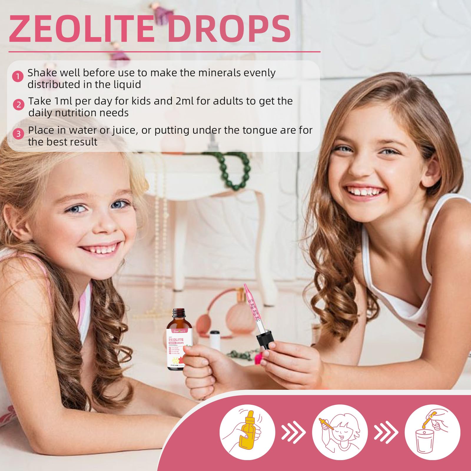 Geeoasis Zeolite Detox for Kids & Adults, 300 mg Zeolite Clinoptilolite Liquid with Vitamin B12 & D3, Vitamin C & Zinc Gluconate, Immune Support & Gut Health, Natural Strawberry Flavor, 2 Fl Oz - TrustMedUSA