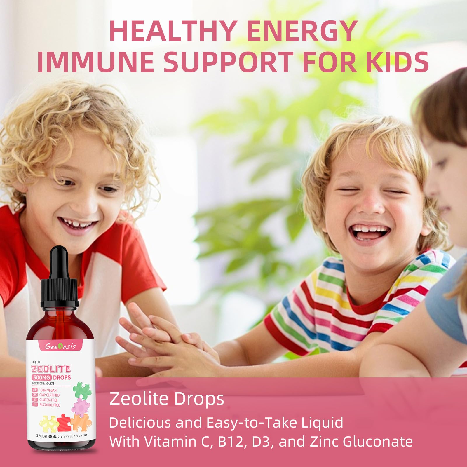 Geeoasis Zeolite Detox for Kids & Adults, 300 mg Zeolite Clinoptilolite Liquid with Vitamin B12 & D3, Vitamin C & Zinc Gluconate, Immune Support & Gut Health, Natural Strawberry Flavor, 2 Fl Oz - TrustMedUSA