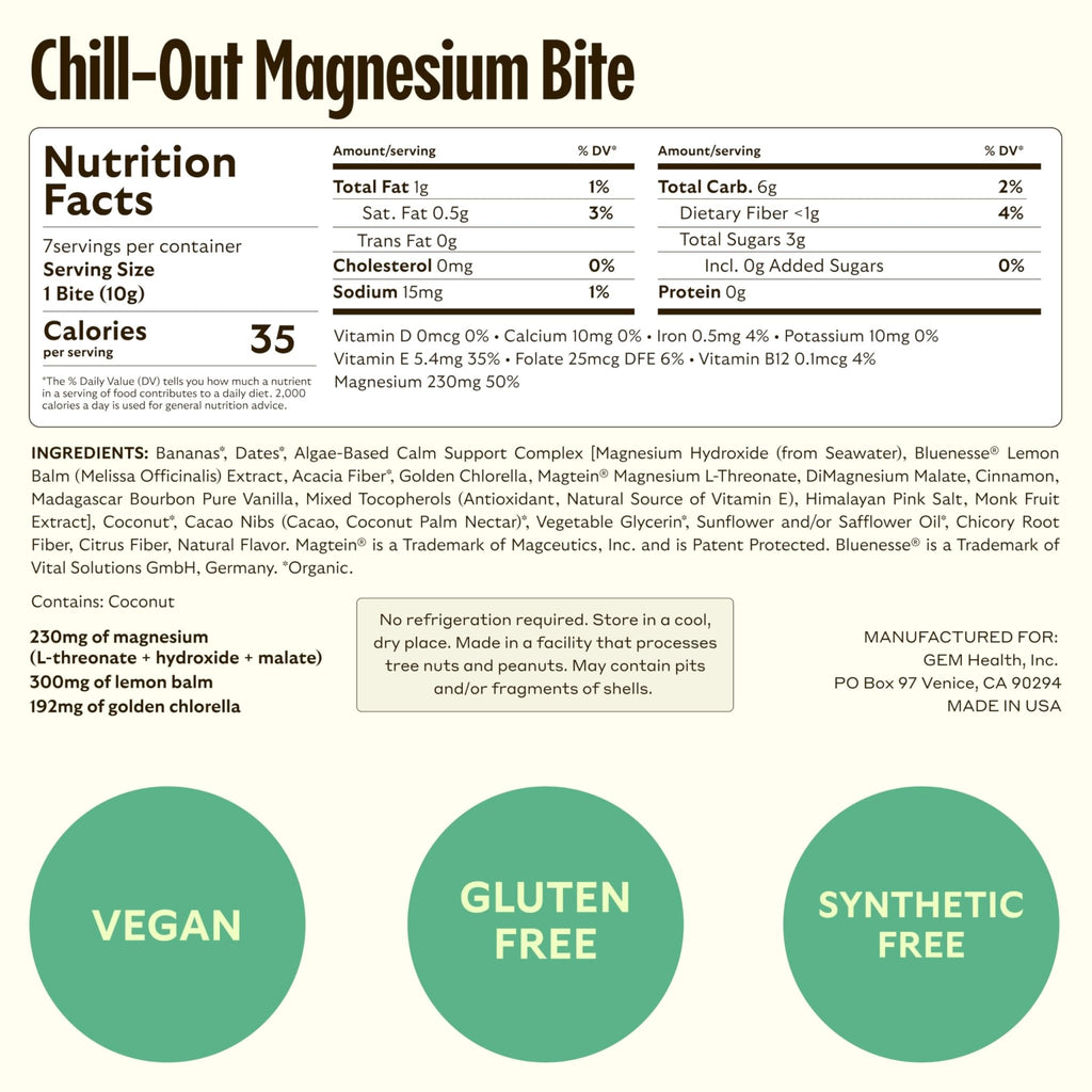GEM Calm Bite | Supports Calm Mind & Clarity | Magnesium L-Threonate, Golden Chlorella, Lemon Balm | Holistic Non-Habit Forming | Gluten Free, Soy Free, Banana Cinnamon (7 Count) - TrustMedUSA