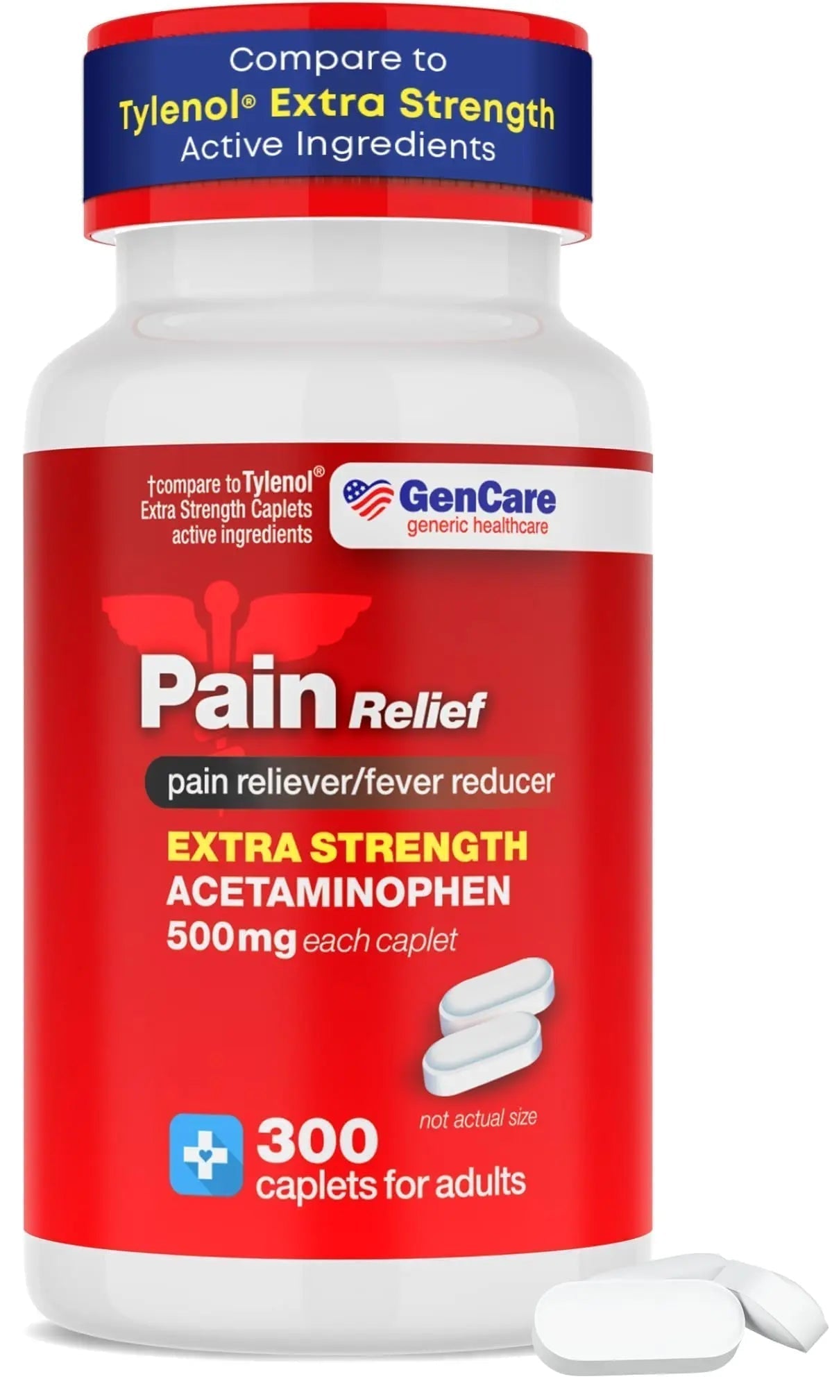 GenCare - Acetaminophen 500mg Extra Strength Pain Relief (300 Caplets) - Multi Symptom Pain Reliever for Headache, Sinus, Arthritis, Back Pain Muscle Ache, Toothache, Fever Reducer, Migraine - TrustMedUSA