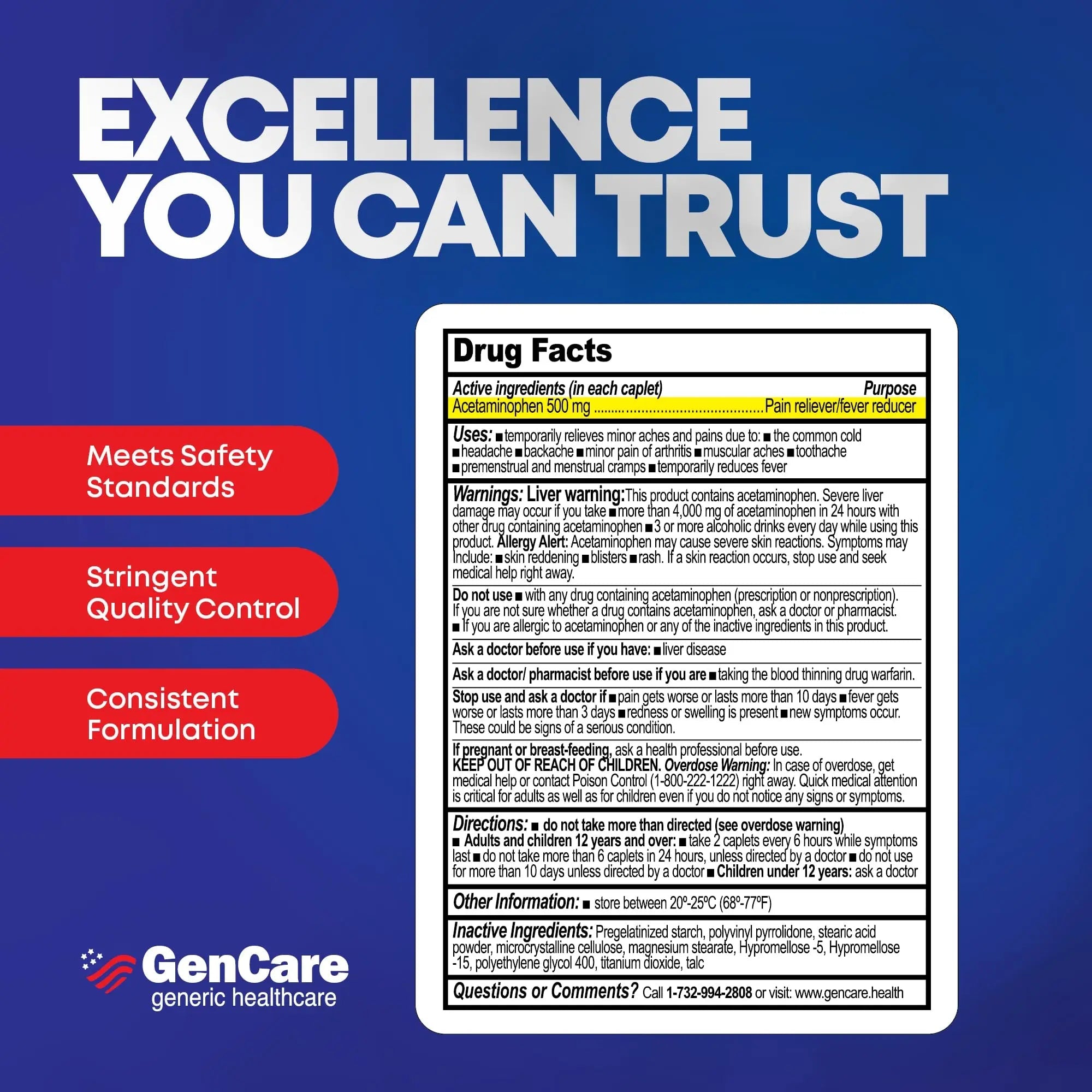 GenCare - Acetaminophen 500mg Extra Strength Pain Relief (300 Caplets) - Multi Symptom Pain Reliever for Headache, Sinus, Arthritis, Back Pain Muscle Ache, Toothache, Fever Reducer, Migraine - TrustMedUSA