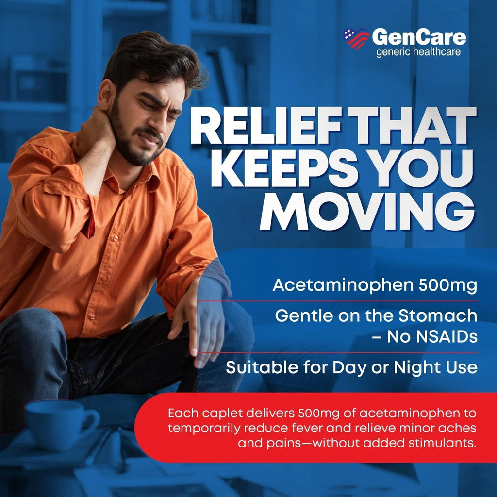 GenCare - Acetaminophen 500mg Extra Strength Pain Relief (300 Caplets) - Multi Symptom Pain Reliever for Headache, Sinus, Arthritis, Back Pain Muscle Ache, Toothache, Fever Reducer, Migraine - TrustMedUSA