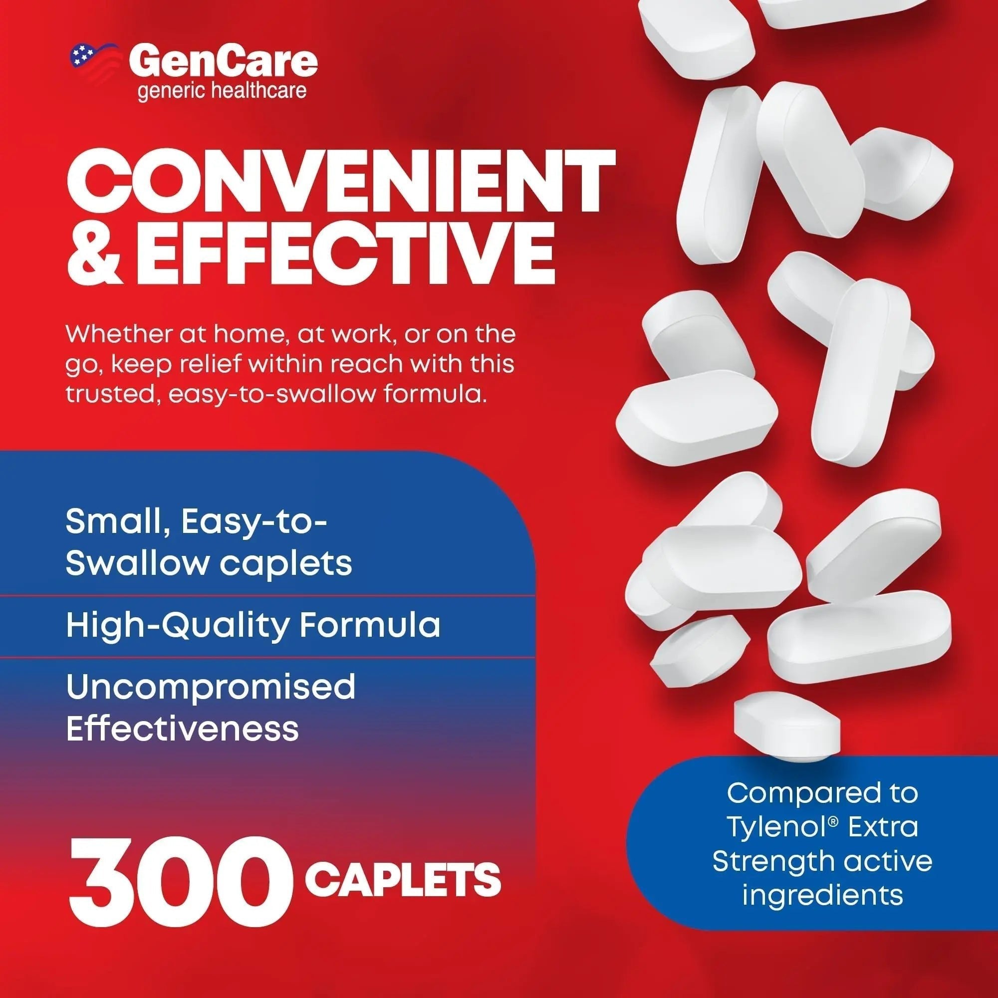 GenCare - Acetaminophen 500mg Extra Strength Pain Relief (300 Caplets) - Multi Symptom Pain Reliever for Headache, Sinus, Arthritis, Back Pain Muscle Ache, Toothache, Fever Reducer, Migraine - TrustMedUSA