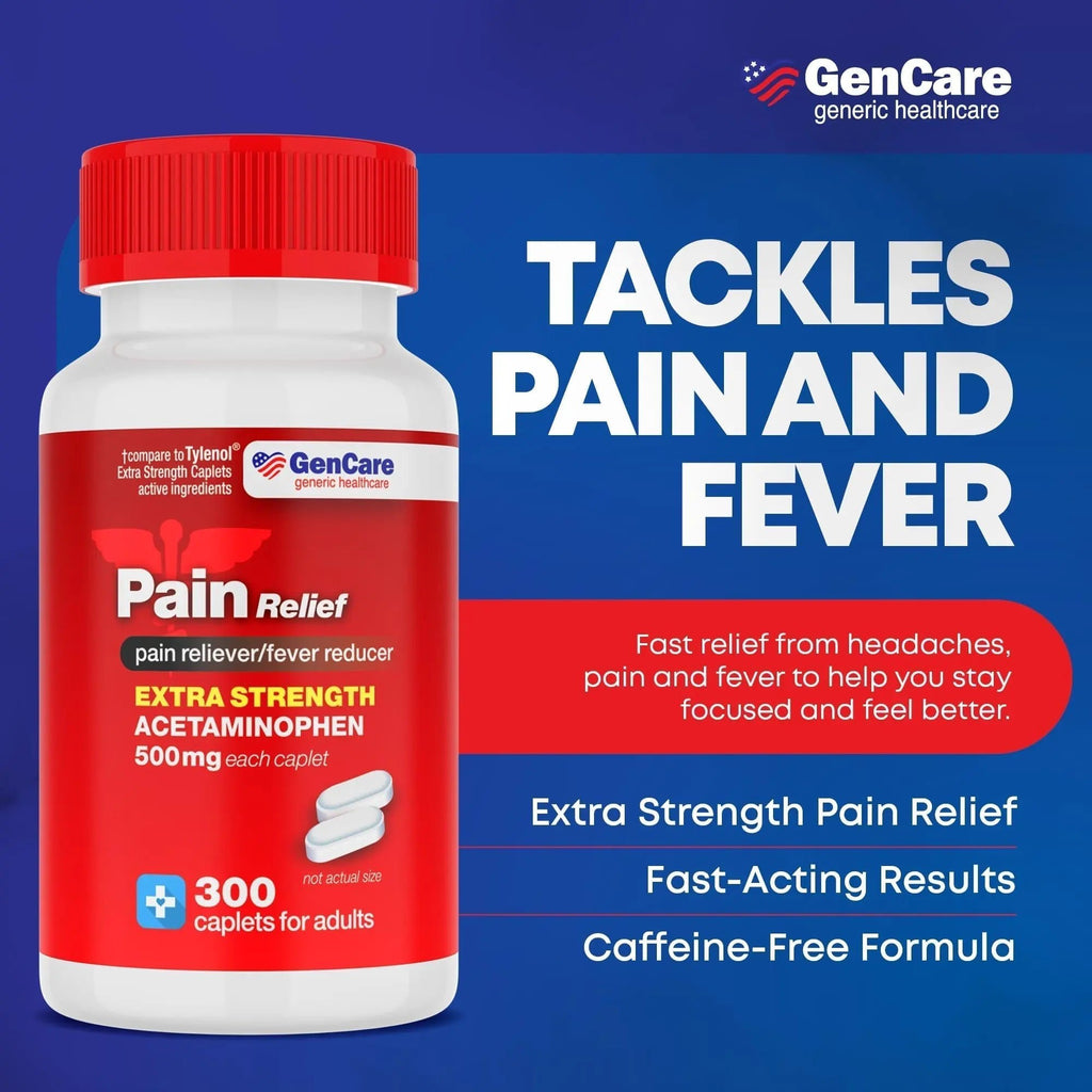 GenCare - Acetaminophen 500mg Extra Strength Pain Relief (300 Caplets) - Multi Symptom Pain Reliever for Headache, Sinus, Arthritis, Back Pain Muscle Ache, Toothache, Fever Reducer, Migraine - TrustMedUSA