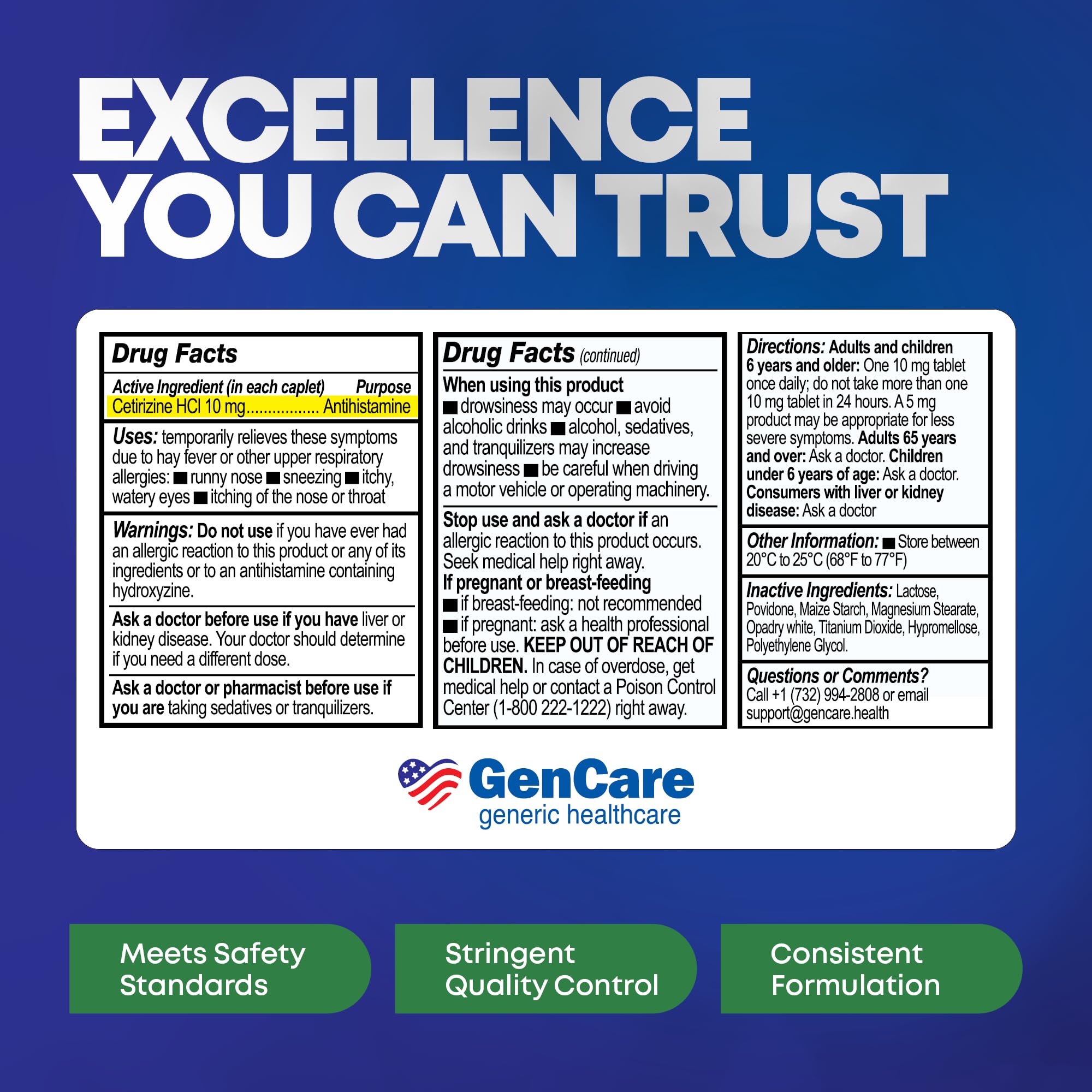 GenCare - Cetirizine HCL 10 mg (200 Caplets) - 24 Hour Allergy Relief Pills - Non Drowsy Generic OTC Allergy Medication - Antihistamine Medicine for Sneezing, Runny Nose & Itchy Eyes - Generic Zyrtec - Maple Wellness Supplements