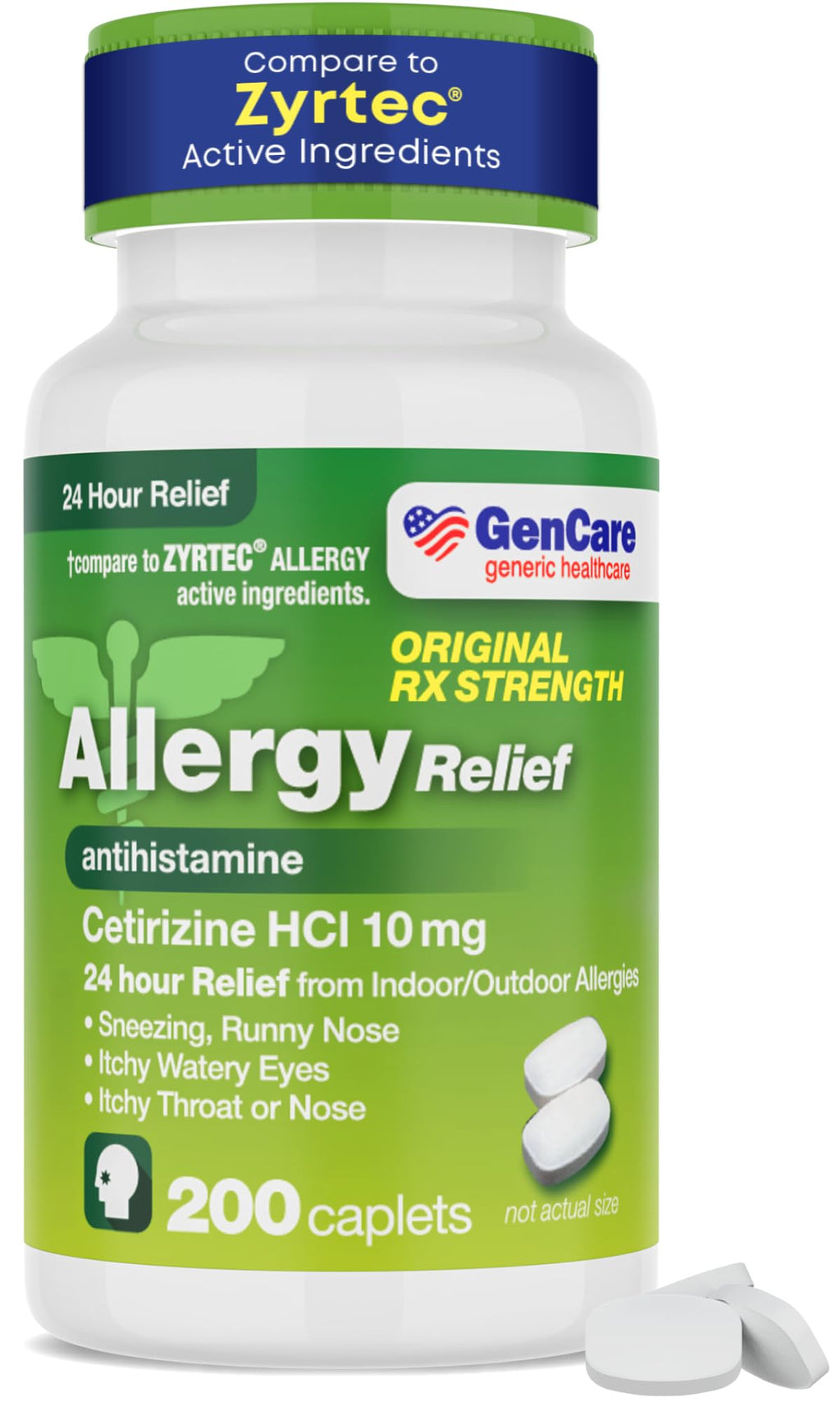 GenCare - Cetirizine HCL 10 mg (200 Caplets) - 24 Hour Allergy Relief Pills - Non Drowsy Generic OTC Allergy Medication - Antihistamine Medicine for Sneezing, Runny Nose & Itchy Eyes - Generic Zyrtec - Maple Wellness Supplements