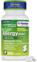 GenCare - Cetirizine HCL 10 mg (200 Caplets) - 24 Hour Allergy Relief Pills - Non Drowsy Generic OTC Allergy Medication - Antihistamine Medicine for Sneezing, Runny Nose & Itchy Eyes - Generic Zyrtec - Maple Wellness Supplements