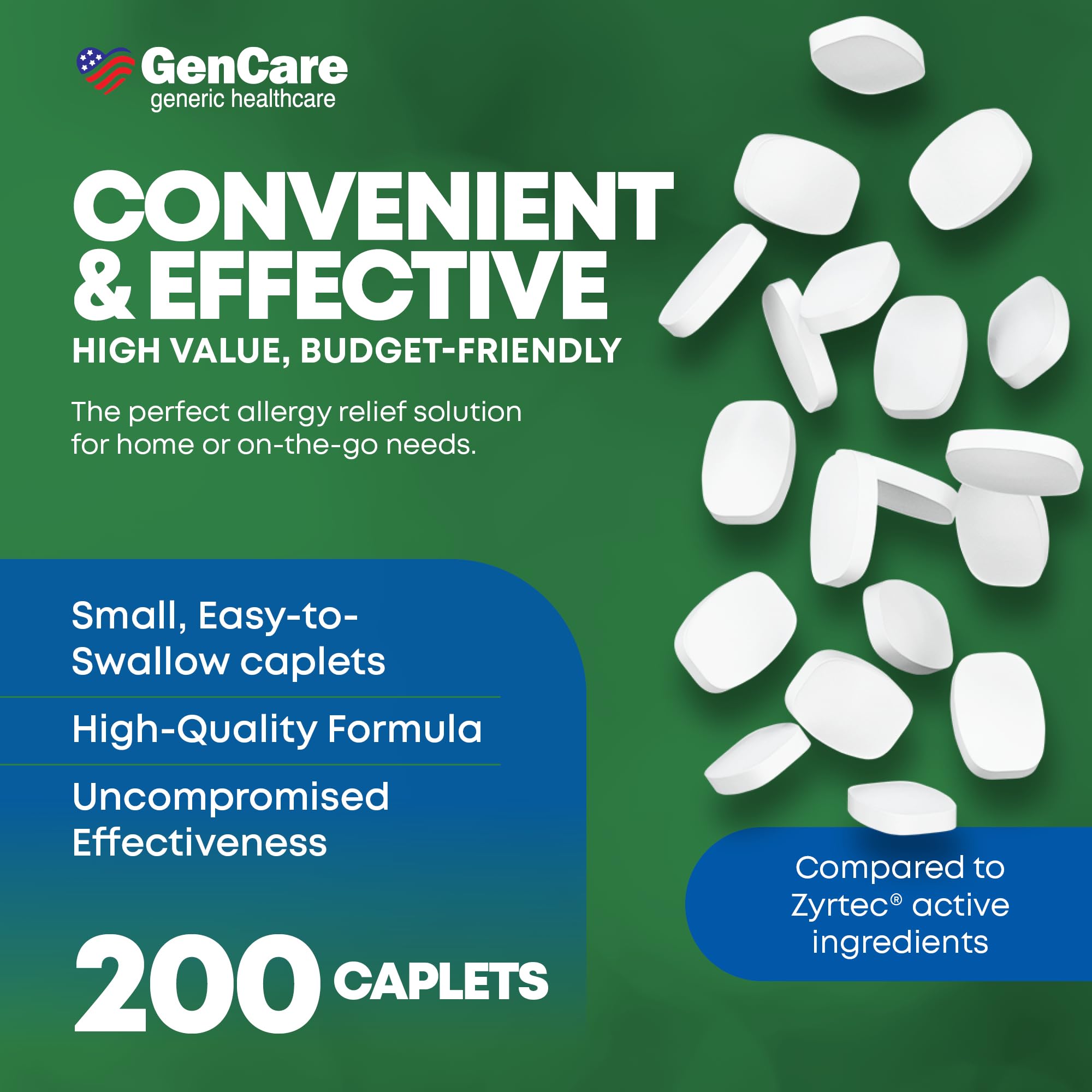 GenCare - Cetirizine HCL 10 mg (200 Caplets) - 24 Hour Allergy Relief Pills - Non Drowsy Generic OTC Allergy Medication - Antihistamine Medicine for Sneezing, Runny Nose & Itchy Eyes - Generic Zyrtec - Maple Wellness Supplements