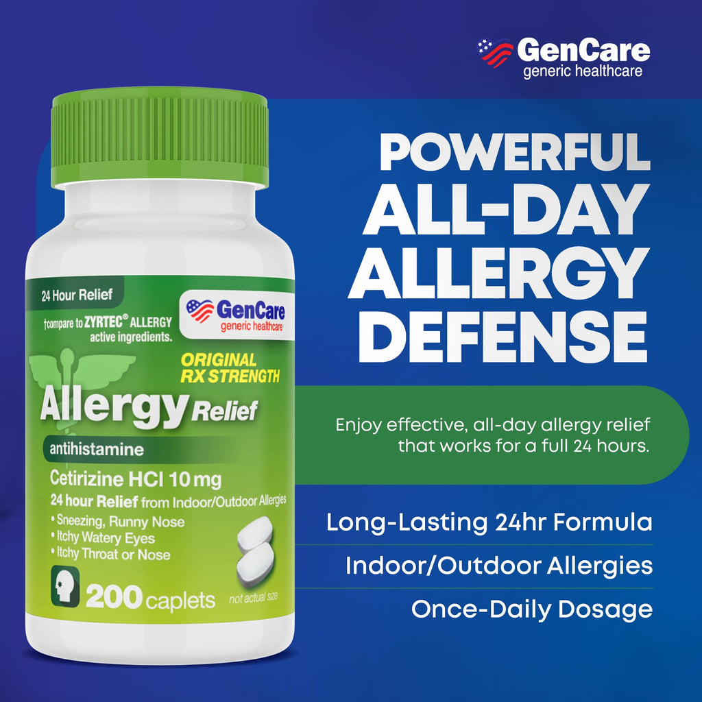 GenCare - Cetirizine HCL 10 mg (200 Caplets) - 24 Hour Allergy Relief Pills - Non Drowsy Generic OTC Allergy Medication - Antihistamine Medicine for Sneezing, Runny Nose & Itchy Eyes - Generic Zyrtec - Maple Wellness Supplements