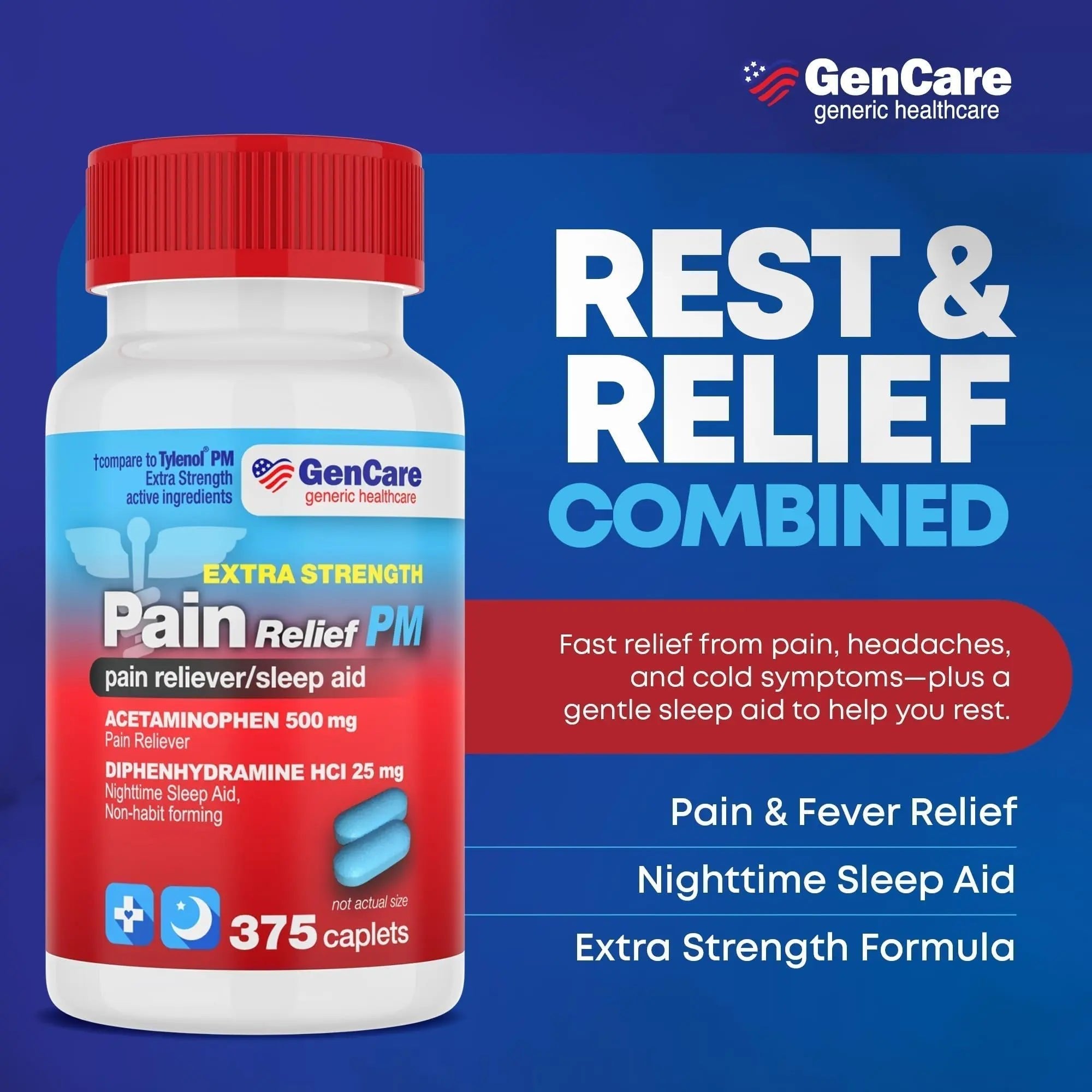 GenCare Extra Strength Acetaminophen PM 500 mg (375 Tablets) | Ultimate Pain Relief & Sleep Support for Adults | Quick Acting & Non Habit Forming Headache Relief | Eases Aches & Joint Discomfort - TrustMedUSA