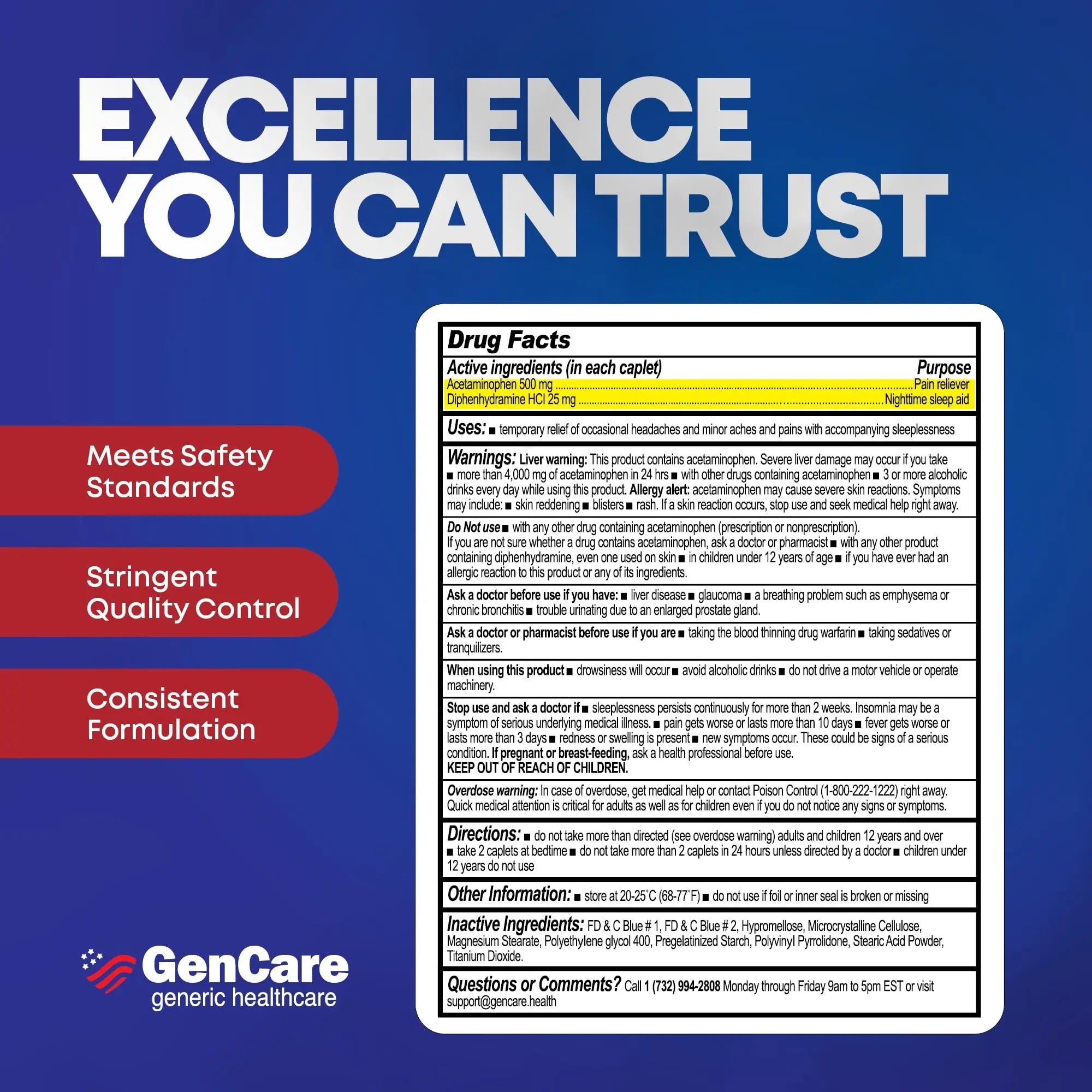 GenCare Extra Strength Acetaminophen PM 500 mg (375 Tablets) | Ultimate Pain Relief & Sleep Support for Adults | Quick Acting & Non Habit Forming Headache Relief | Eases Aches & Joint Discomfort - TrustMedUSA