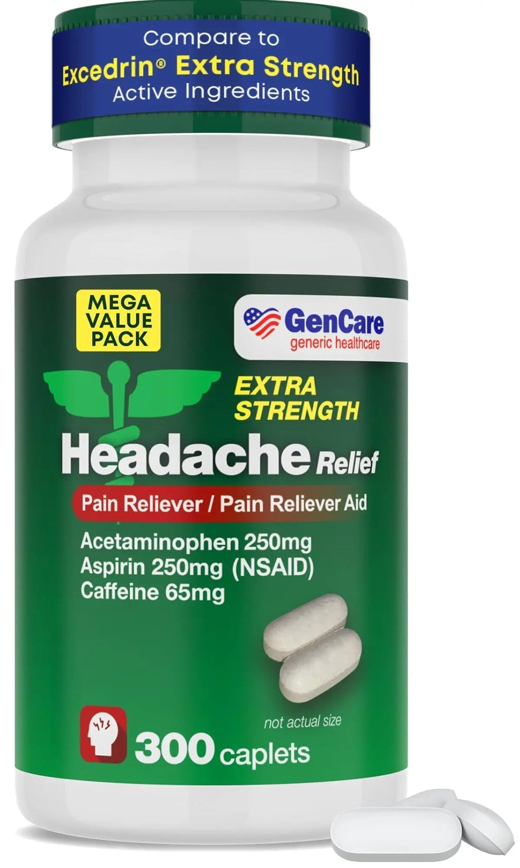 GenCare - Headache Relief Acetaminophen with Aspirin (NSAID) & Caffeine (300 Caplets) Value Pack | Head Pain, Muscle Aches, Back Pain & Body | Generic ExcedrEn Extra Strength - TrustMedUSA