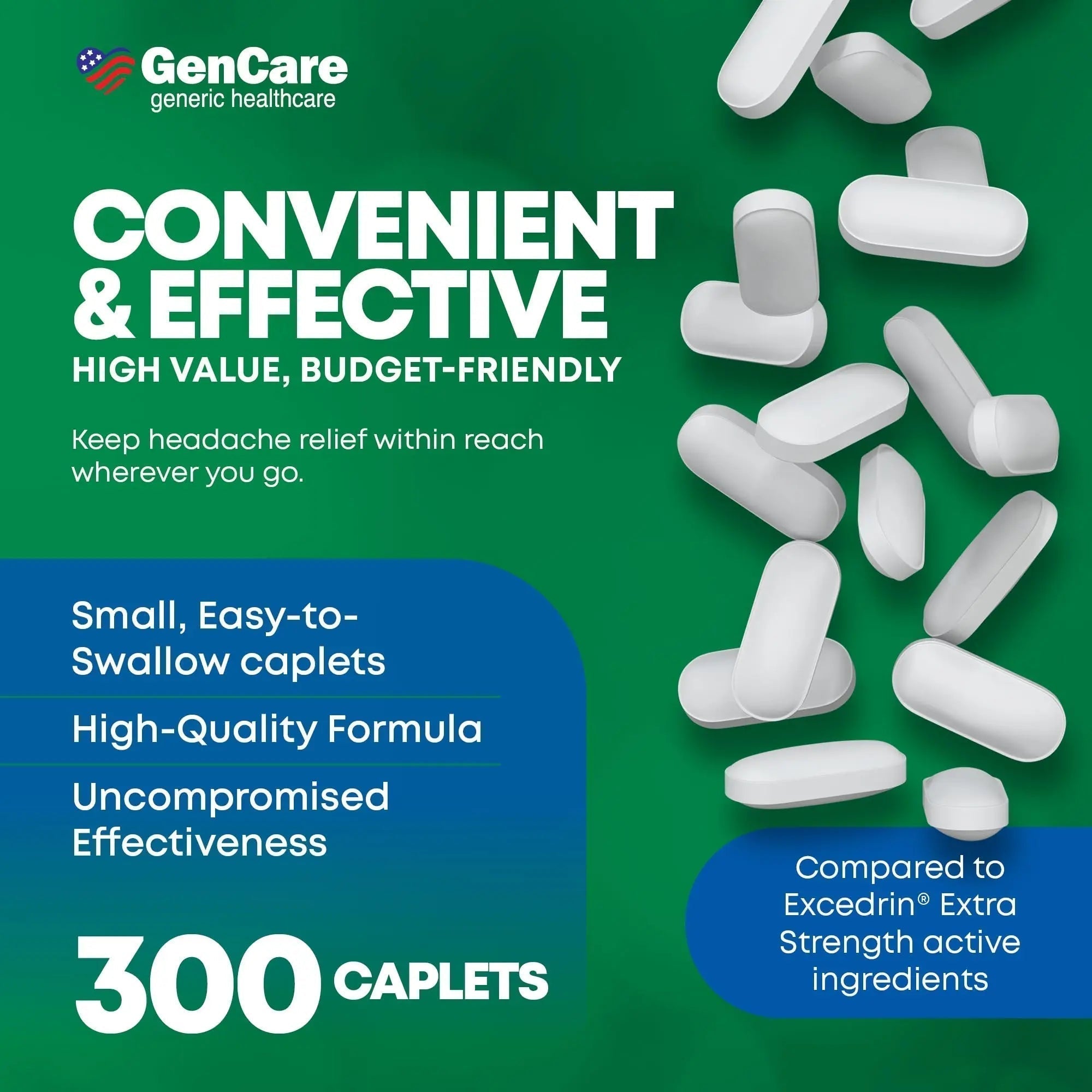 GenCare - Headache Relief Acetaminophen with Aspirin (NSAID) & Caffeine (300 Caplets) Value Pack | Head Pain, Muscle Aches, Back Pain & Body | Generic ExcedrEn Extra Strength - TrustMedUSA