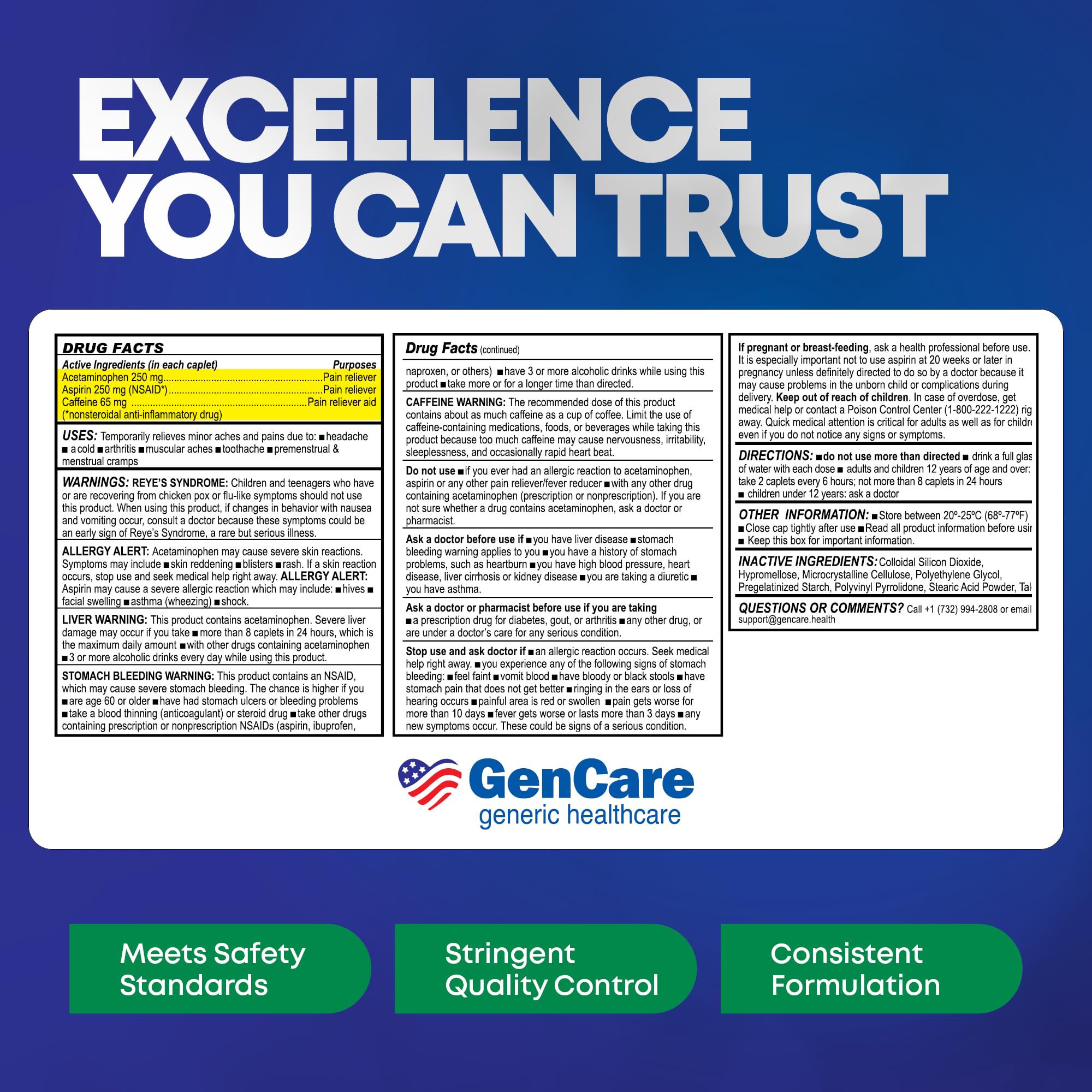 GenCare - Headache Relief Acetaminophen with Aspirin (NSAID) & Caffeine (300 Caplets) Value Pack | Head Pain, Muscle Aches, Back Pain & Body | Generic ExcedrEn Extra Strength - Maple Wellness Supplements