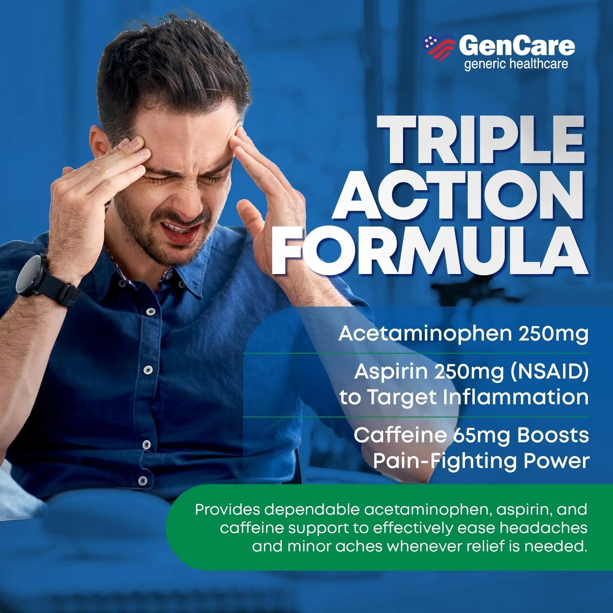 GenCare - Headache Relief Acetaminophen with Aspirin (NSAID) & Caffeine (300 Caplets) Value Pack | Head Pain, Muscle Aches, Back Pain & Body | Generic ExcedrEn Extra Strength - TrustMedUSA
