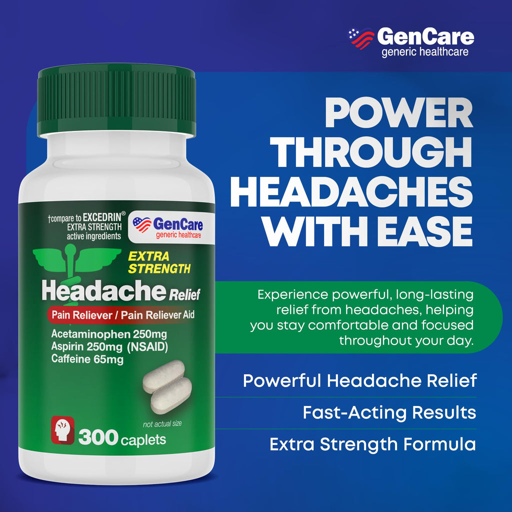 GenCare - Headache Relief Acetaminophen with Aspirin (NSAID) & Caffeine (300 Caplets) Value Pack | Head Pain, Muscle Aches, Back Pain & Body | Generic ExcedrEn Extra Strength - Maple Wellness Supplements