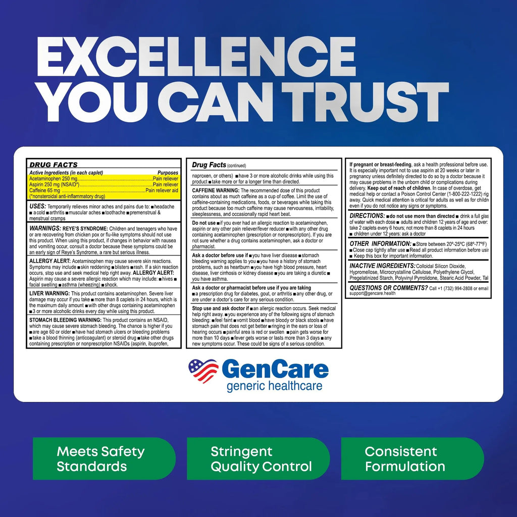 GenCare - Headache Relief Acetaminophen with Aspirin (NSAID) & Caffeine (300 Caplets) Value Pack | Head Pain, Muscle Aches, Back Pain & Body | Generic ExcedrEn Extra Strength - TrustMedUSA