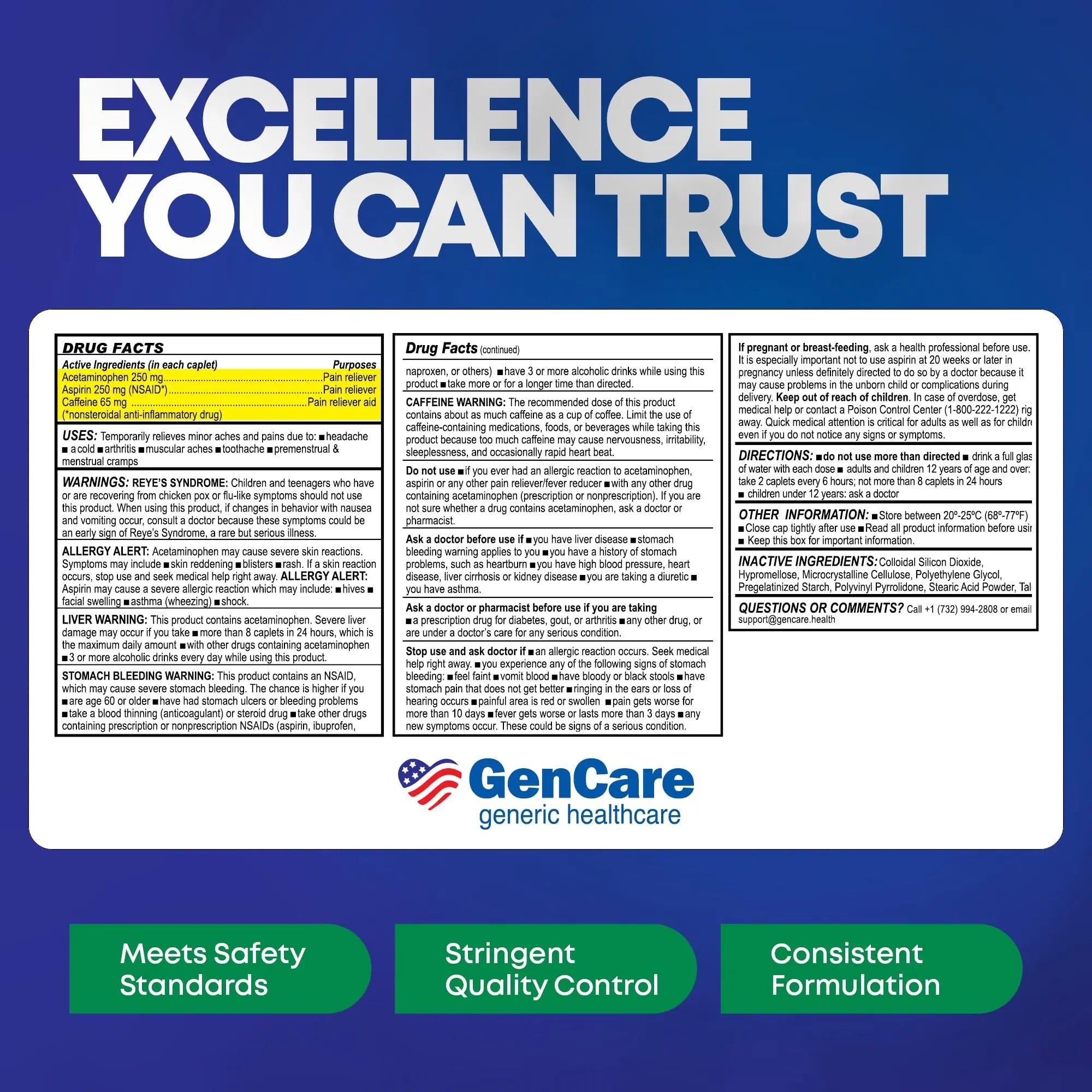 GenCare - Headache Relief Acetaminophen with Aspirin (NSAID) & Caffeine (300 Caplets) Value Pack | Head Pain, Muscle Aches, Back Pain & Body | Generic ExcedrEn Extra Strength - TrustMedUSA