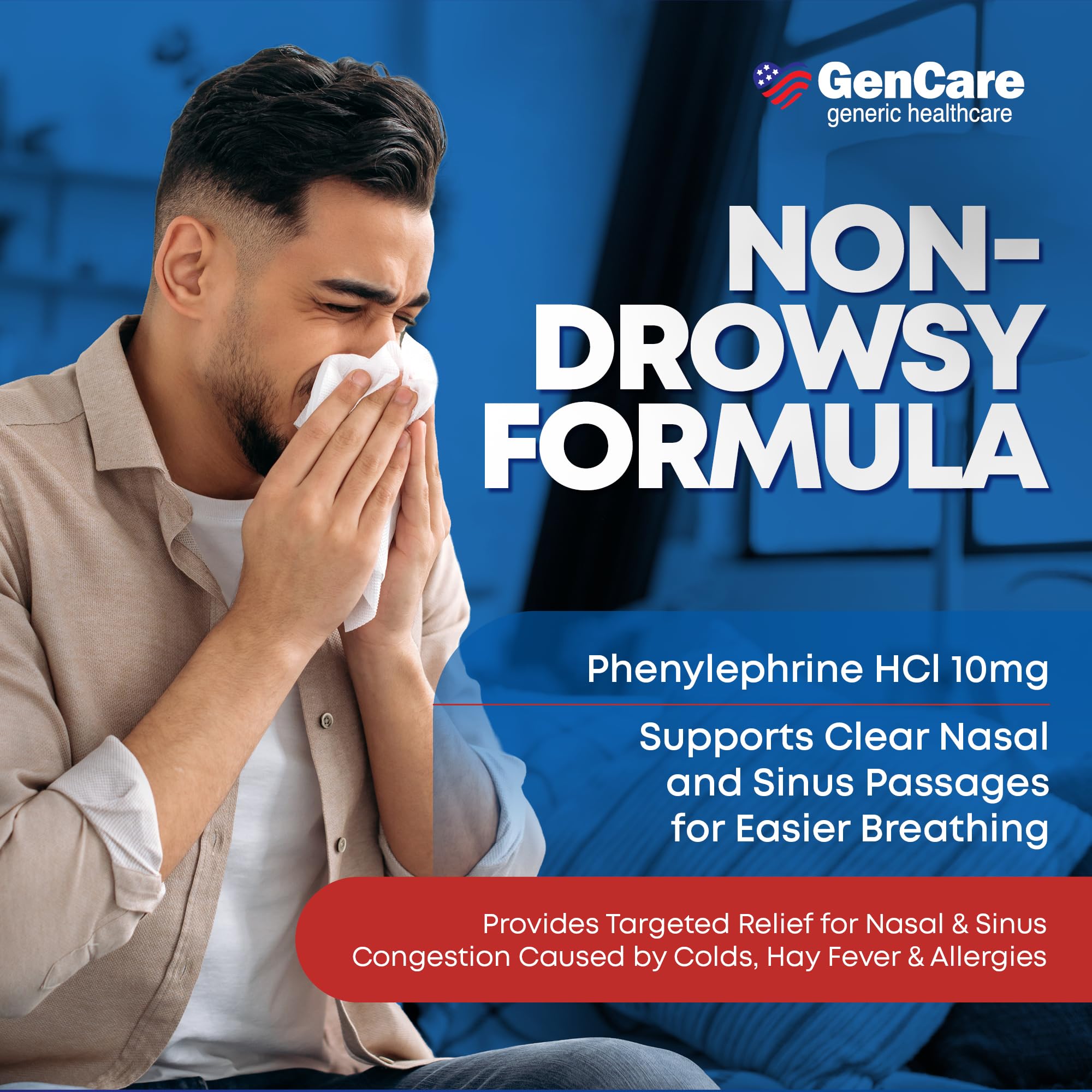 GenCare Nasal Decongestant PE – Phenylephrine HCl 10mg Tablets (Bulk 300 Count) Non-Drowsy Sinus Pressure Relief & Nasal Congestion Relief, Stuffy Nose Decongestants for Adults – Compare to Sudafed PE - Maple Wellness Supplements