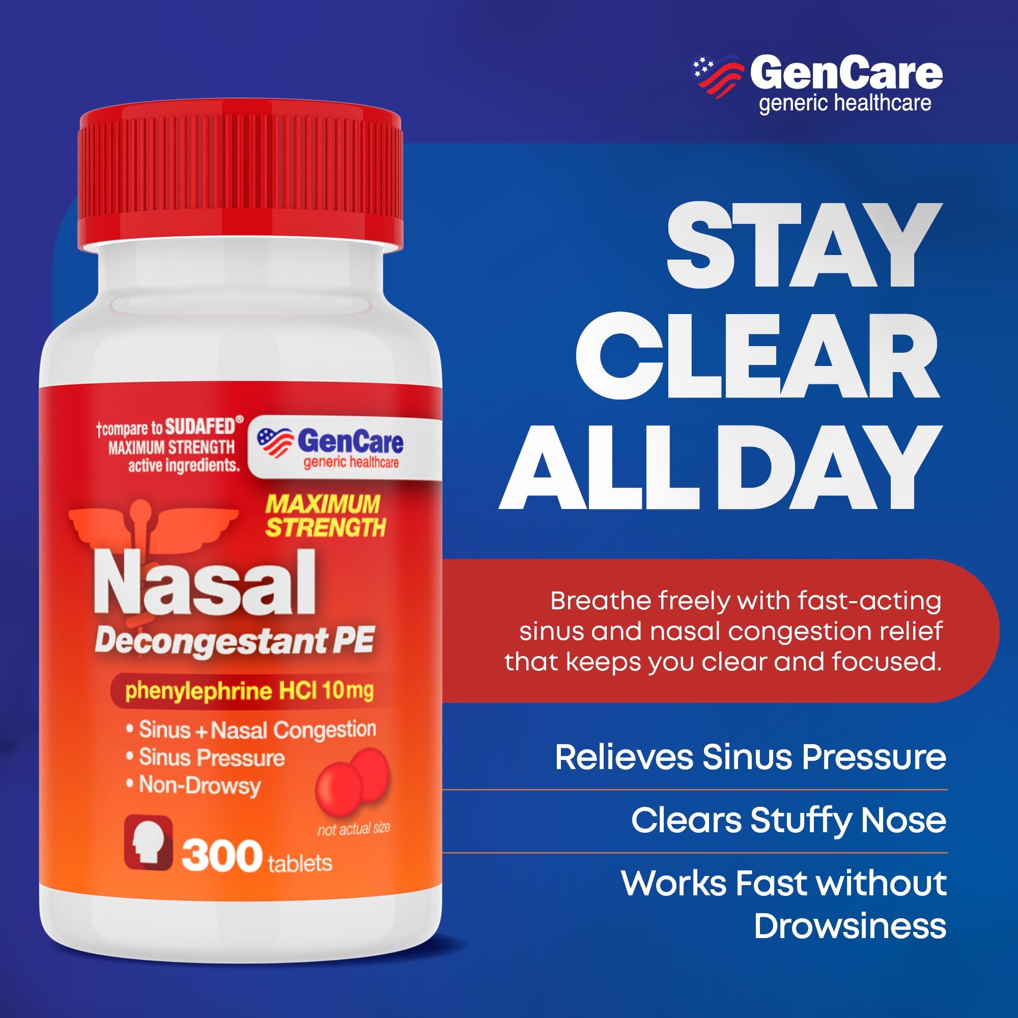 GenCare Nasal Decongestant PE – Phenylephrine HCl 10mg Tablets (Bulk 300 Count) Non-Drowsy Sinus Pressure Relief & Nasal Congestion Relief, Stuffy Nose Decongestants for Adults – Compare to Sudafed PE - Maple Wellness Supplements