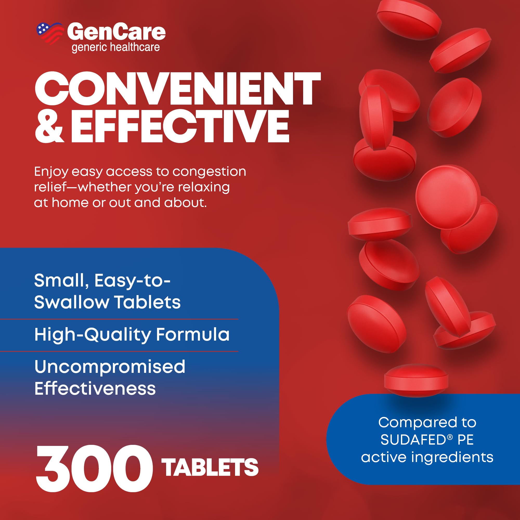 GenCare Nasal Decongestant PE – Phenylephrine HCl 10mg Tablets (Bulk 300 Count) Non-Drowsy Sinus Pressure Relief & Nasal Congestion Relief, Stuffy Nose Decongestants for Adults – Compare to Sudafed PE - Maple Wellness Supplements