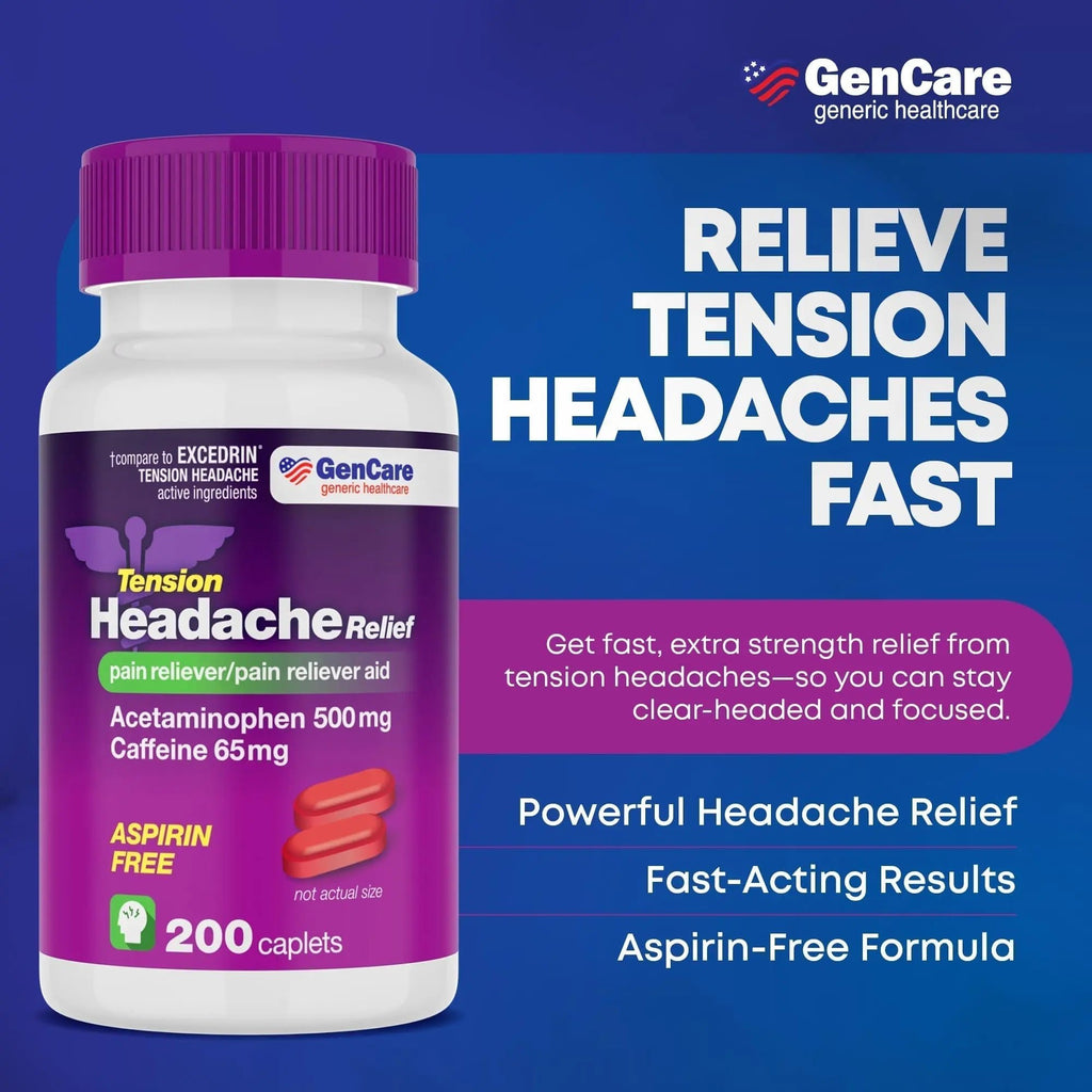 GenCare - Tension Headache Relief Pain Reliever with Acetaminophen 500 mg & Caffeine 65 mg (200 Caplets) Best Value Bulk Extra Strength for Head, Migraine, Joint Pain & Body Ache Relief Medicine - TrustMedUSA