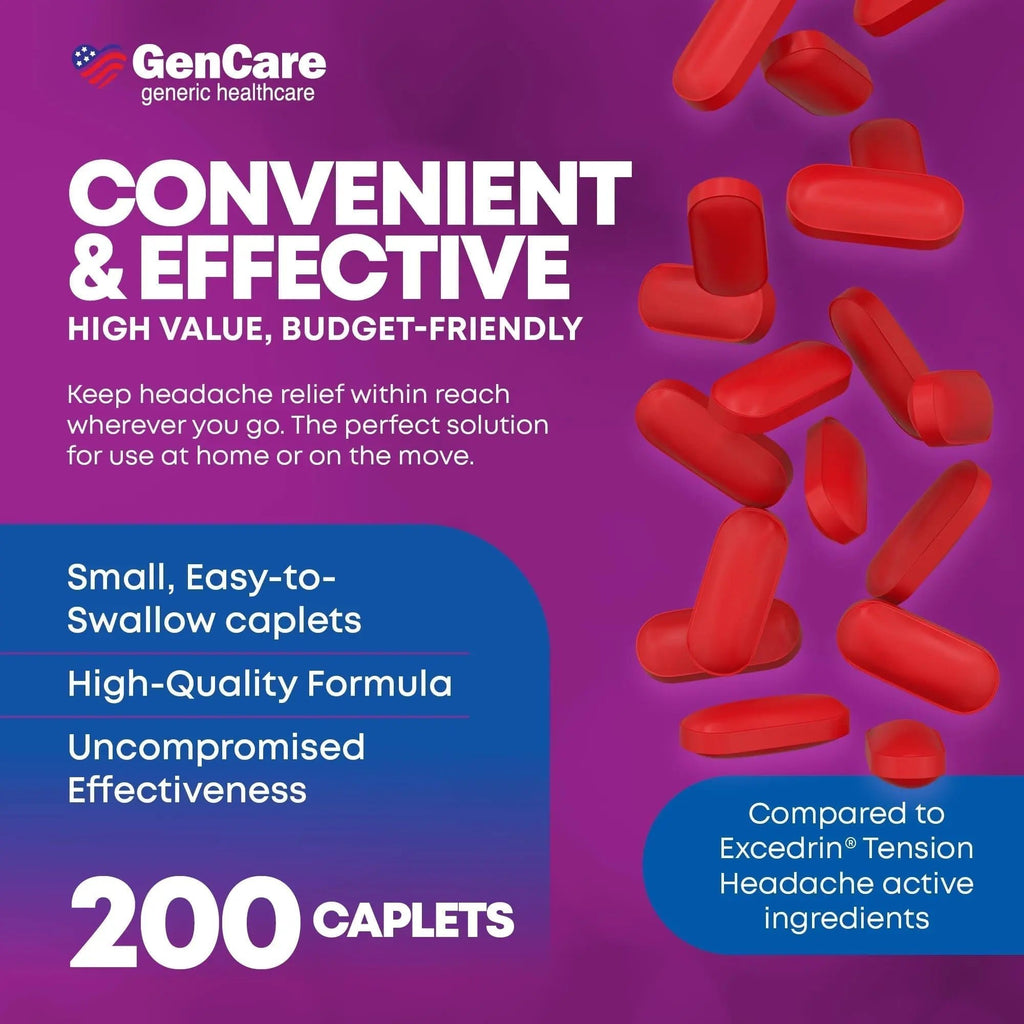 GenCare - Tension Headache Relief Pain Reliever with Acetaminophen 500 mg & Caffeine 65 mg (200 Caplets) Best Value Bulk Extra Strength for Head, Migraine, Joint Pain & Body Ache Relief Medicine - TrustMedUSA