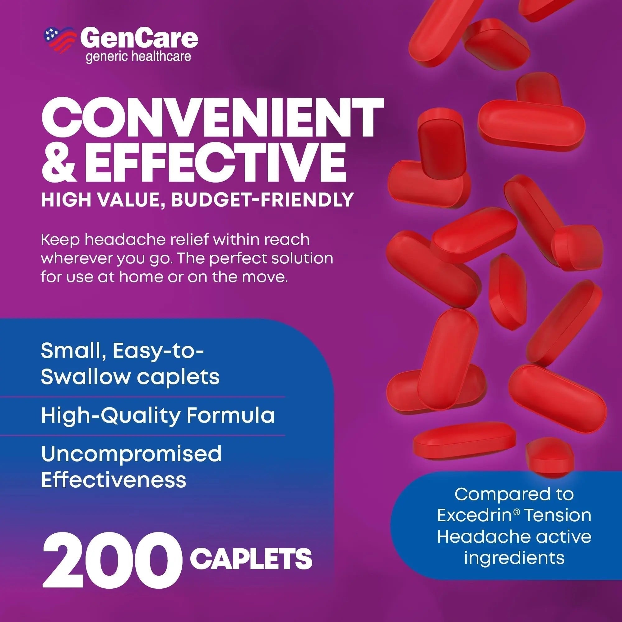 GenCare - Tension Headache Relief Pain Reliever with Acetaminophen 500 mg & Caffeine 65 mg (200 Caplets) Best Value Bulk Extra Strength for Head, Migraine, Joint Pain & Body Ache Relief Medicine - TrustMedUSA