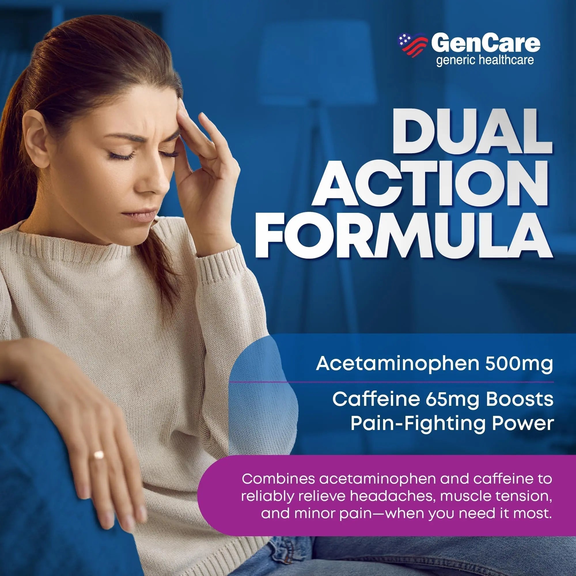GenCare - Tension Headache Relief Pain Reliever with Acetaminophen 500 mg & Caffeine 65 mg (200 Caplets) Best Value Bulk Extra Strength for Head, Migraine, Joint Pain & Body Ache Relief Medicine - TrustMedUSA