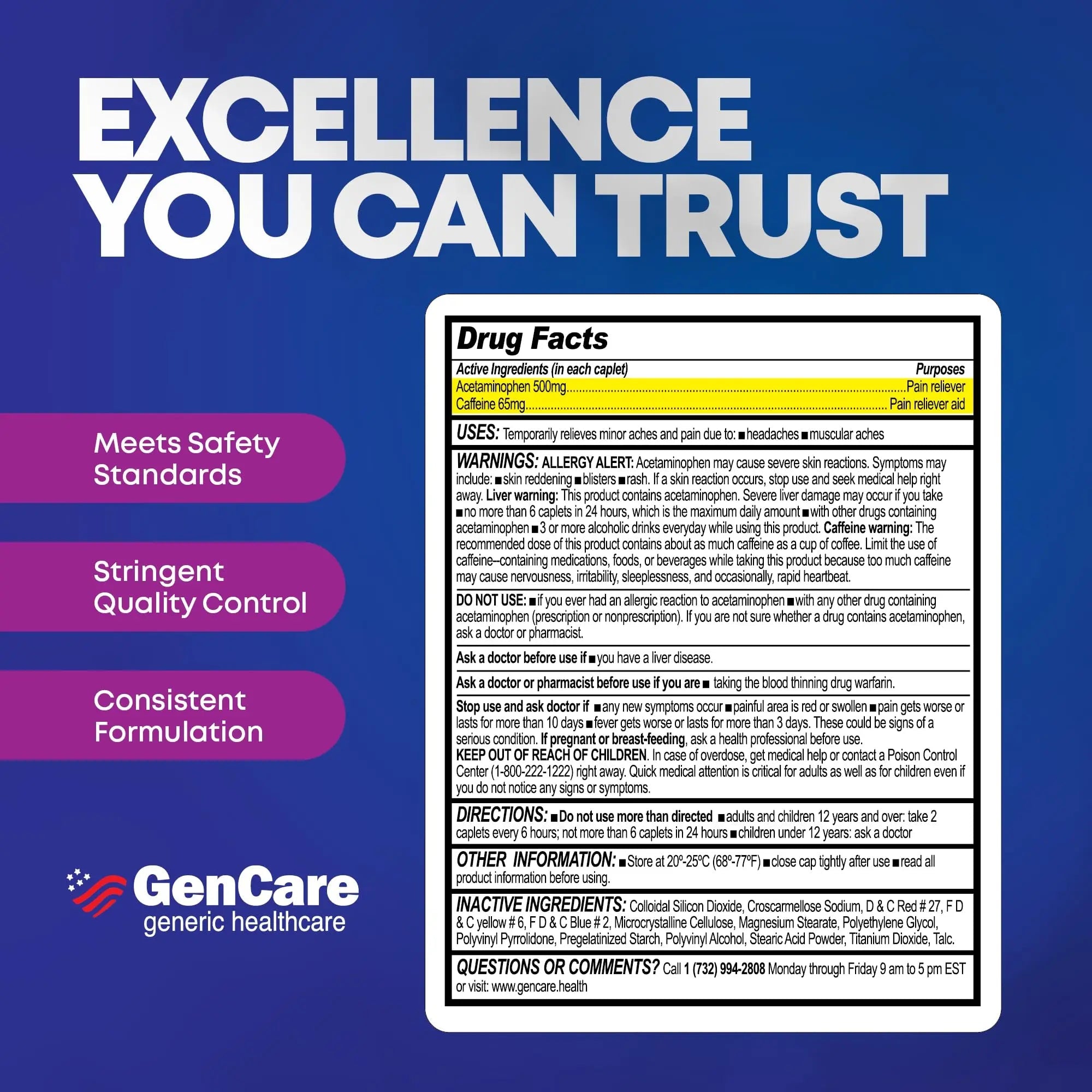 GenCare - Tension Headache Relief Pain Reliever with Acetaminophen 500 mg & Caffeine 65 mg (200 Caplets) Best Value Bulk Extra Strength for Head, Migraine, Joint Pain & Body Ache Relief Medicine - TrustMedUSA