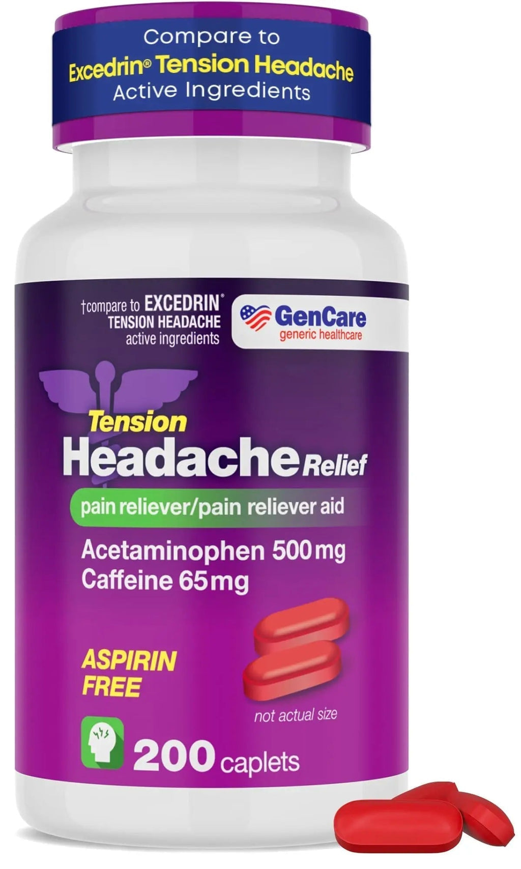 GenCare - Tension Headache Relief Pain Reliever with Acetaminophen 500 mg & Caffeine 65 mg (200 Caplets) Best Value Bulk Extra Strength for Head, Migraine, Joint Pain & Body Ache Relief Medicine - TrustMedUSA