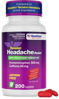 GenCare - Tension Headache Relief Pain Reliever with Acetaminophen 500 mg & Caffeine 65 mg (200 Caplets) Best Value Bulk Extra Strength for Head, Migraine, Joint Pain & Body Ache Relief Medicine - TrustMedUSA