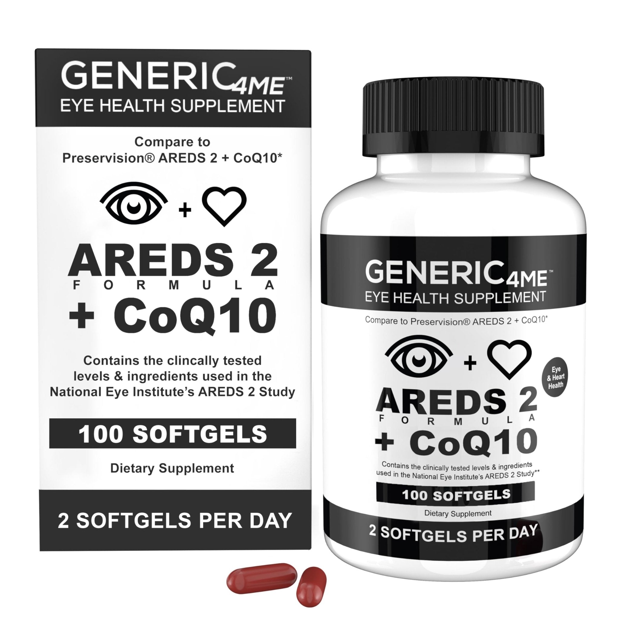 Generic4ME AREDS 2 SoftGels, 100 mg CoQ10 for Heart Health, 500 mg Vitamin C, 400 IU Vitamin E, 10 mg Lutein, 2 mg Zeaxanthin, 80 mg Zinc, 2 mg Copper - Supports Eye Health - 100 Mini SoftGels - TrustMedUSA