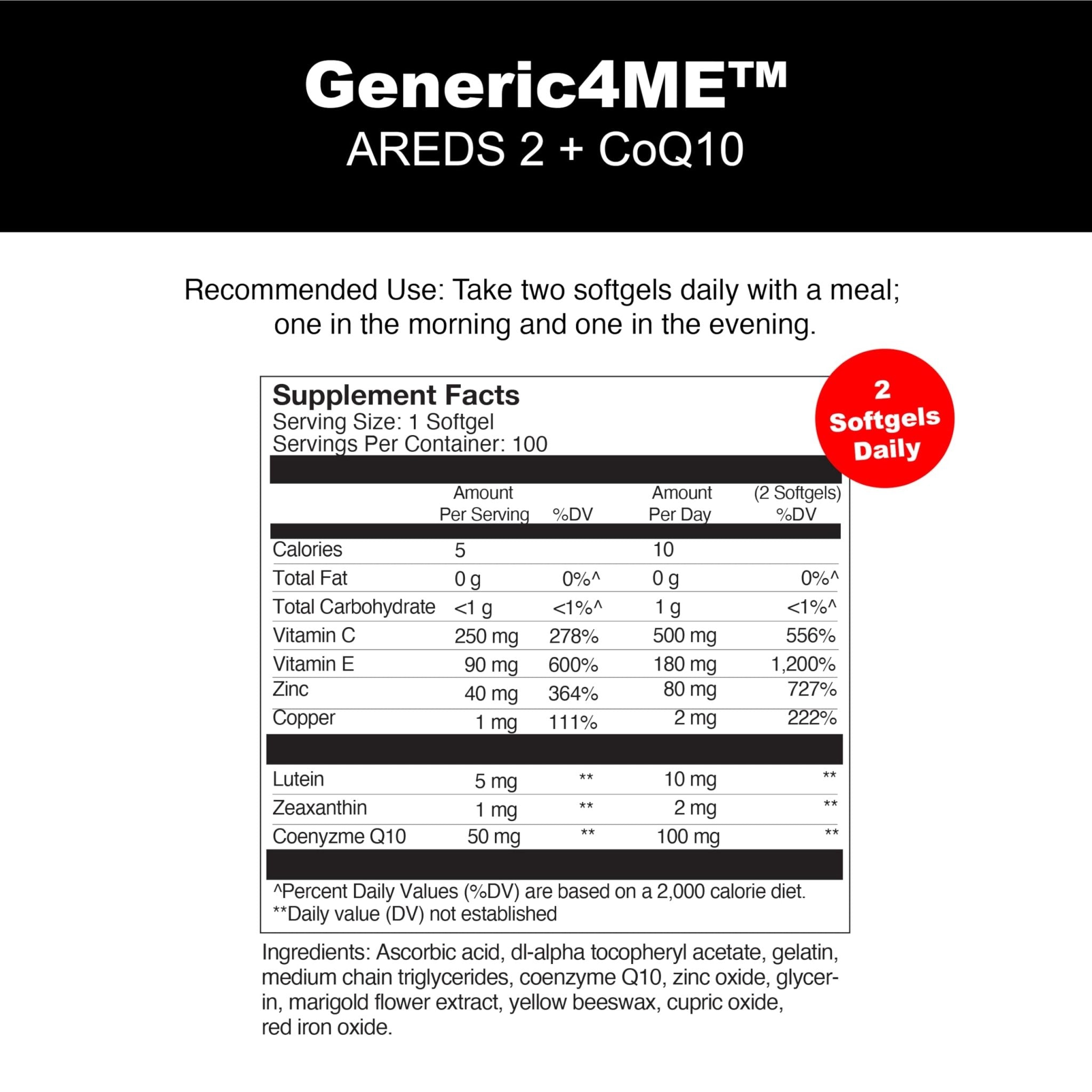 Generic4ME AREDS 2 SoftGels, 100 mg CoQ10 for Heart Health, 500 mg Vitamin C, 400 IU Vitamin E, 10 mg Lutein, 2 mg Zeaxanthin, 80 mg Zinc, 2 mg Copper - Supports Eye Health - 100 Mini SoftGels - TrustMedUSA