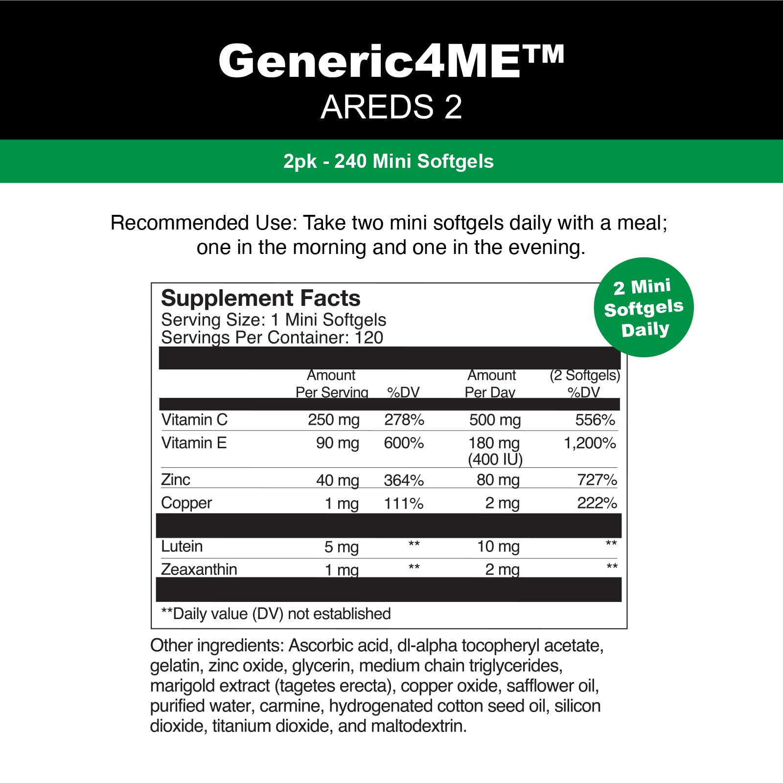 GENERIC4ME AREDS 2 SoftGels, 500 mg Vitamin C, 400 IU Vitamin E, 10 mg Lutein, 2 mg Zeaxanthin, 80 mg Zinc, 2 mg Copper - Supports Eye Health - 120 Mini SoftGels (Two Month Supply) - TrustMedUSA