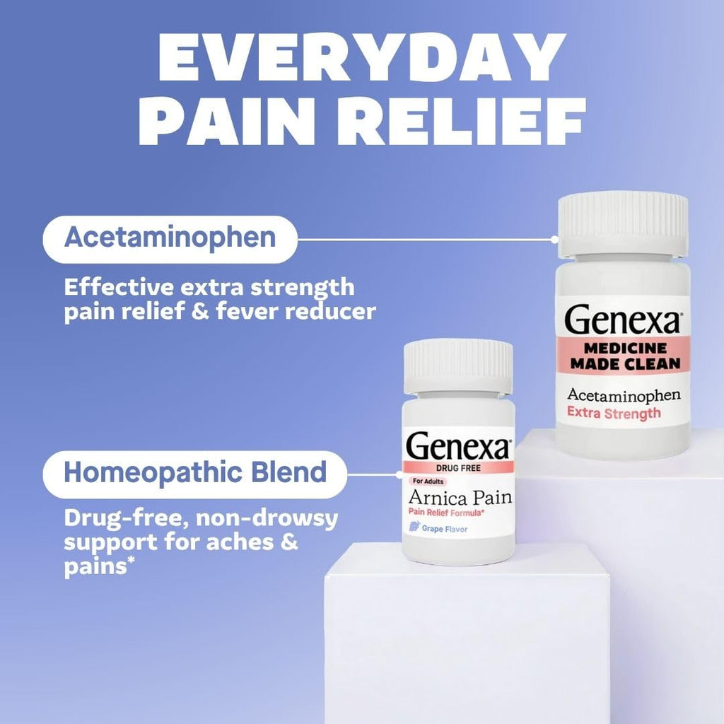 Genexa Adult Pain Relief Bundle | 500mg Acetaminophen Caplets + Homeopathic Arnica Chewables | Fast Relief for Headache, Joint & Muscle Pain | OTC + Homeopathic Combo | No Dyes or Artificial Additives - TrustMedUSA