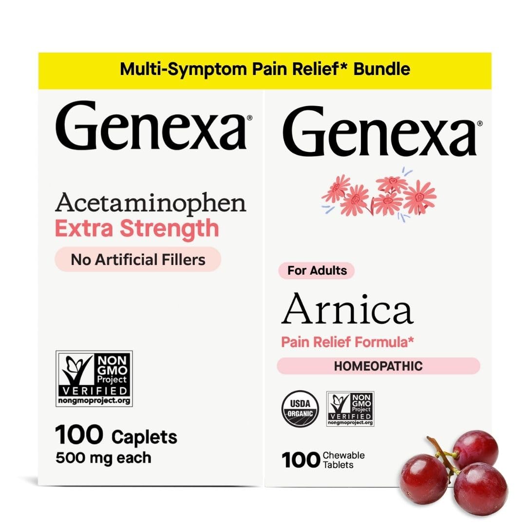 Genexa Adult Pain Relief Bundle | 500mg Acetaminophen Caplets + Homeopathic Arnica Chewables | Fast Relief for Headache, Joint & Muscle Pain | OTC + Homeopathic Combo | No Dyes or Artificial Additives - TrustMedUSA