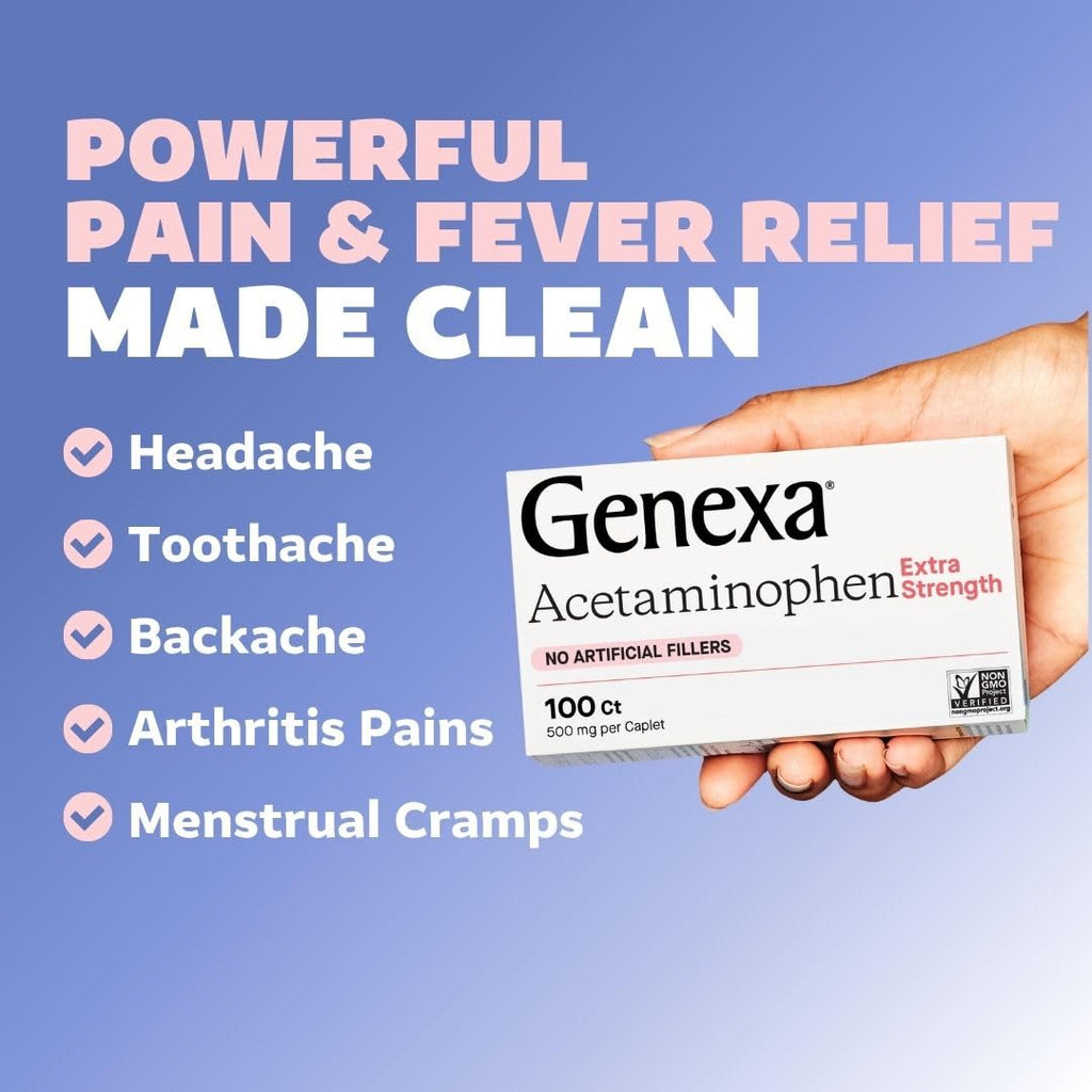 Genexa Adult Pain Relief Bundle | 500mg Acetaminophen Caplets + Homeopathic Arnica Chewables | Fast Relief for Headache, Joint & Muscle Pain | OTC + Homeopathic Combo | No Dyes or Artificial Additives - TrustMedUSA