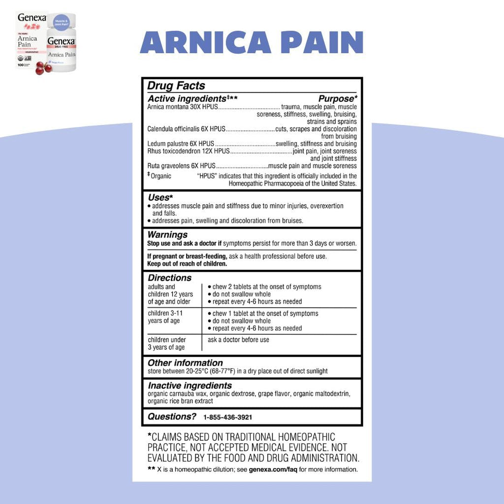 Genexa Adult Pain Relief Bundle | 500mg Acetaminophen Caplets + Homeopathic Arnica Chewables | Fast Relief for Headache, Joint & Muscle Pain | OTC + Homeopathic Combo | No Dyes or Artificial Additives - TrustMedUSA