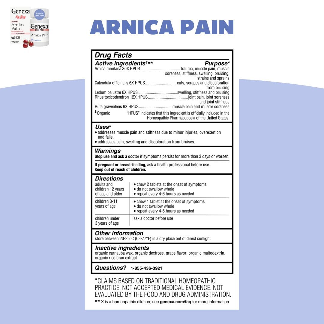Genexa Adult Pain Relief Bundle | 500mg Acetaminophen Caplets + Homeopathic Arnica Chewables | Fast Relief for Headache, Joint & Muscle Pain | OTC + Homeopathic Combo | No Dyes or Artificial Additives - TrustMedUSA