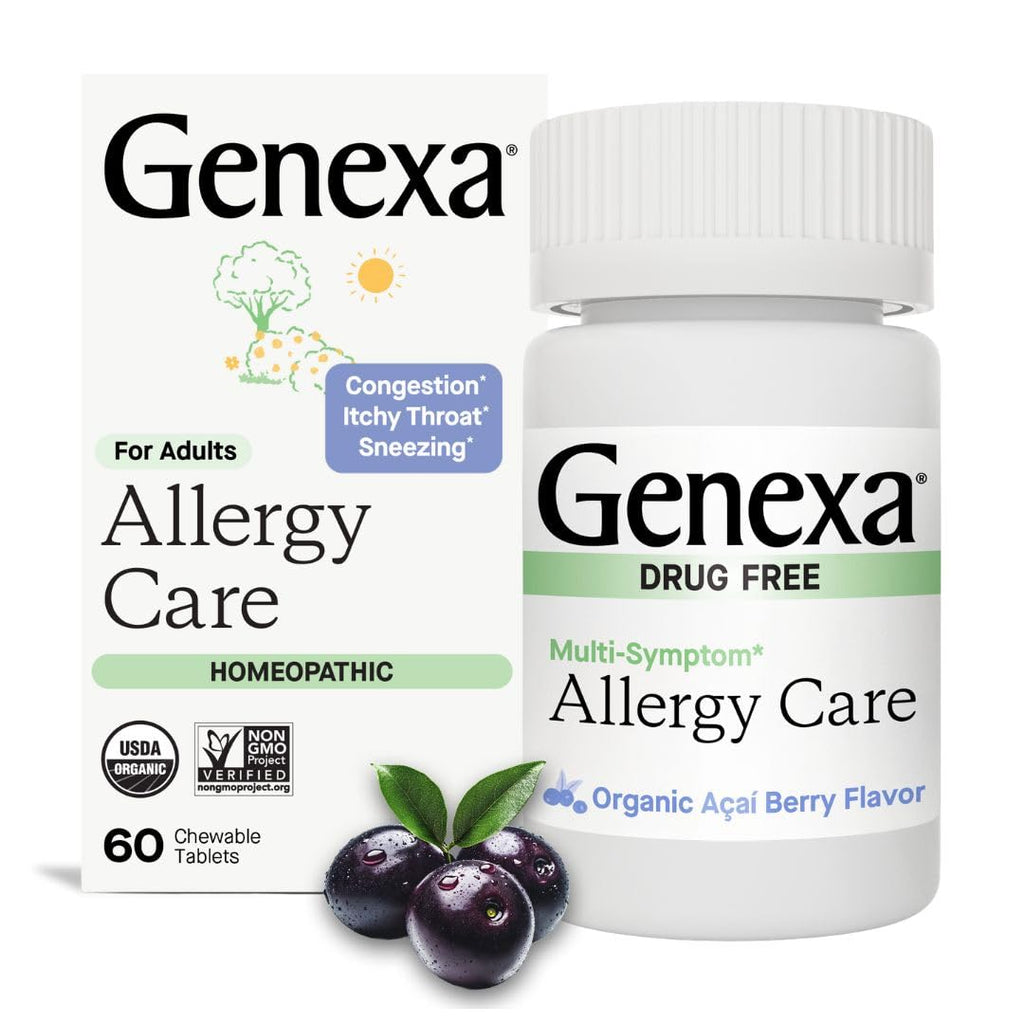 Genexa Allergy Care | Drug Free, Non-Drowsy Allergy & Decongestant Remedy for Adults | Vegan & Non-GMO | Homeopathic Allergy Relief Made Clean | Organic Acai Berry Flavor | 60 Chewable Tablets - Maple Wellness Supplements