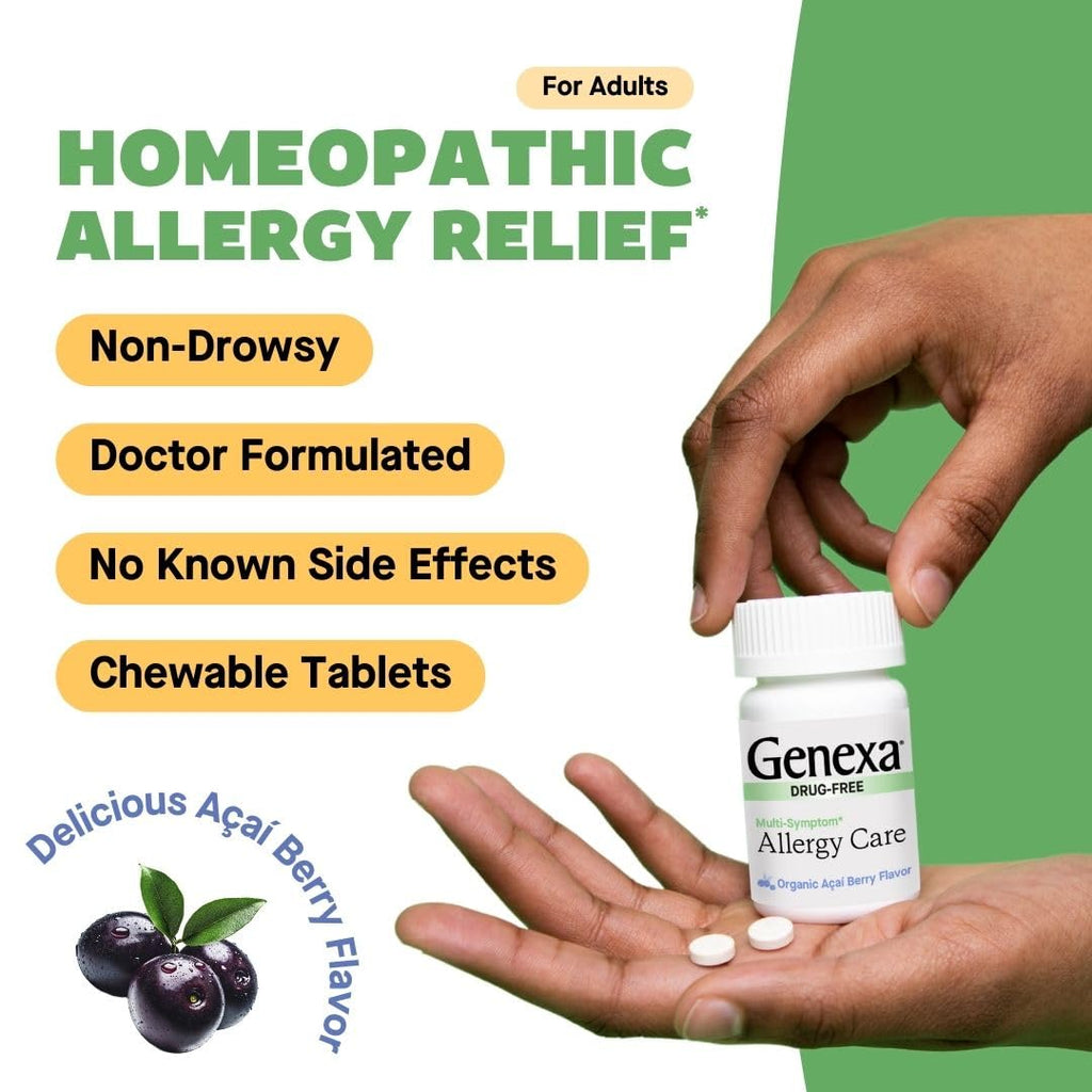 Genexa Allergy Care | Drug Free, Non-Drowsy Allergy & Decongestant Remedy for Adults | Vegan & Non-GMO | Homeopathic Allergy Relief Made Clean | Organic Acai Berry Flavor | 60 Chewable Tablets - Maple Wellness Supplements