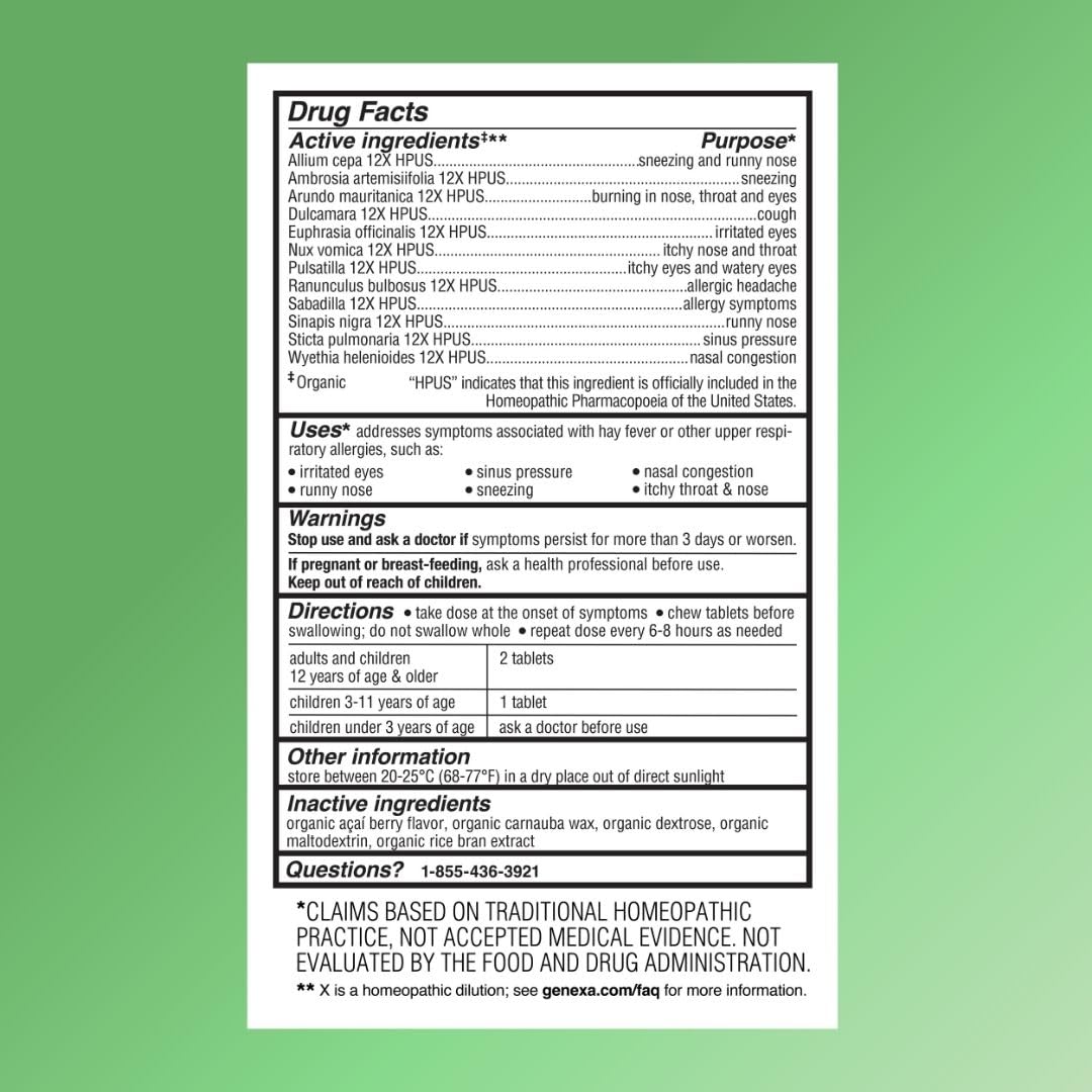 Genexa Allergy Care | Drug Free, Non-Drowsy Allergy & Decongestant Remedy for Adults | Vegan & Non-GMO | Homeopathic Allergy Relief Made Clean | Organic Acai Berry Flavor | 60 Chewable Tablets - Maple Wellness Supplements